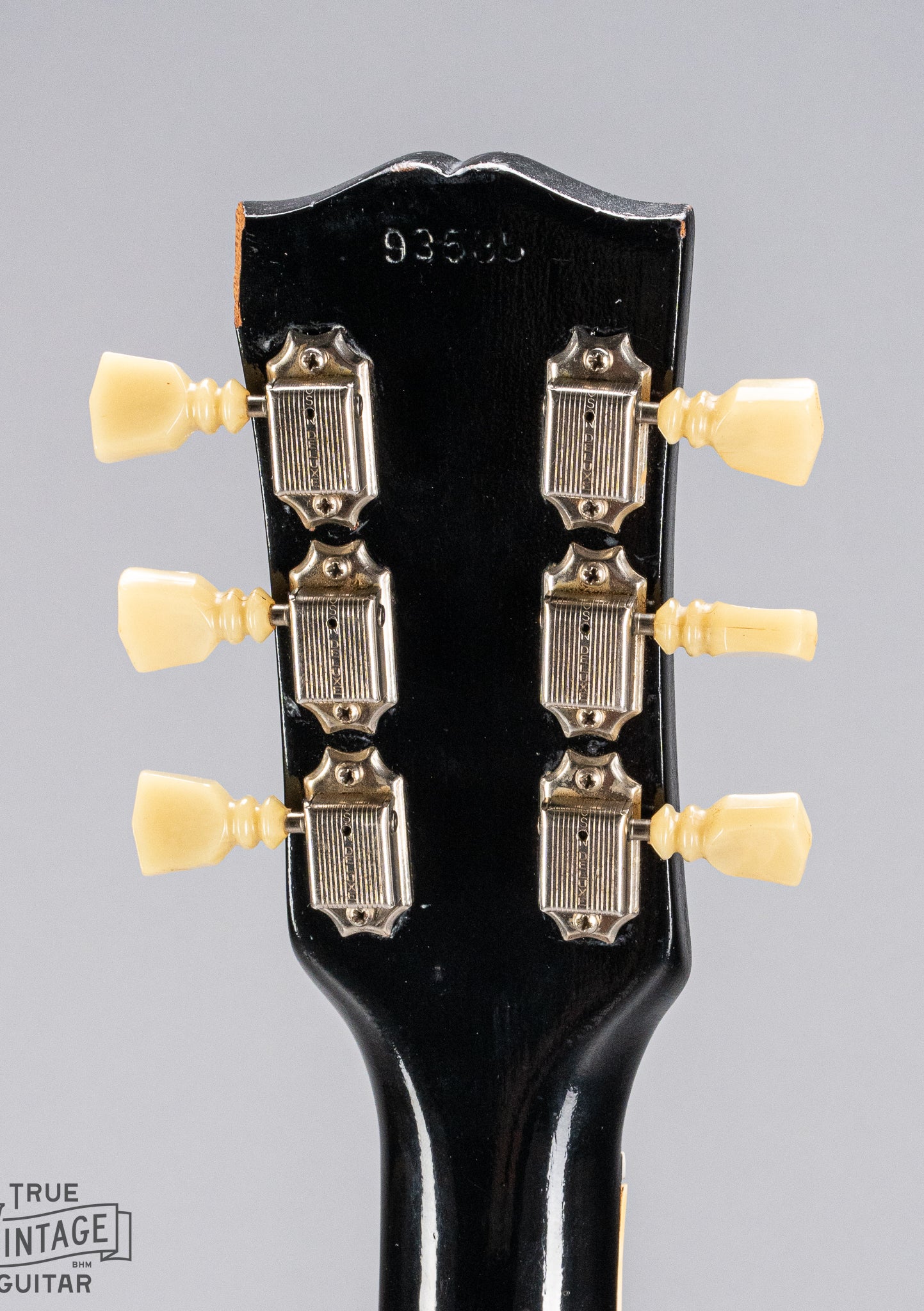 back of Gibson 1963 ES-335 Cherry red guitar headstock chip serial number tuners