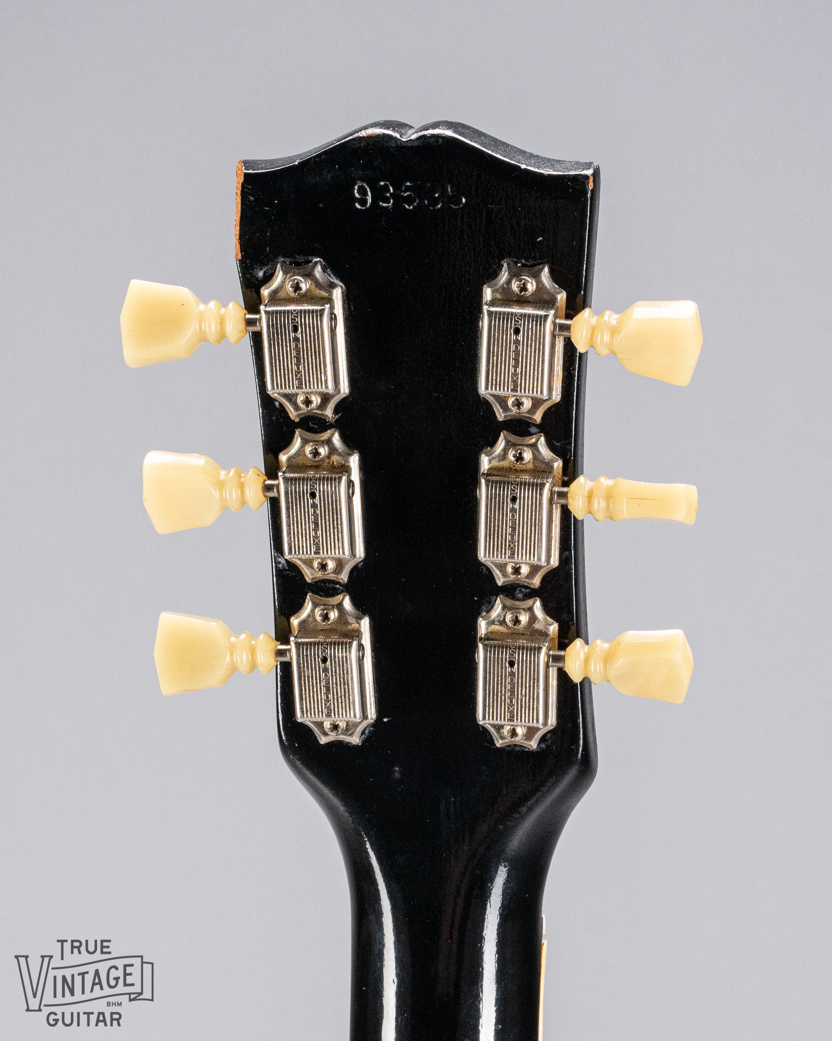 back of Gibson 1963 ES-335 Cherry red guitar headstock chip serial number tuners