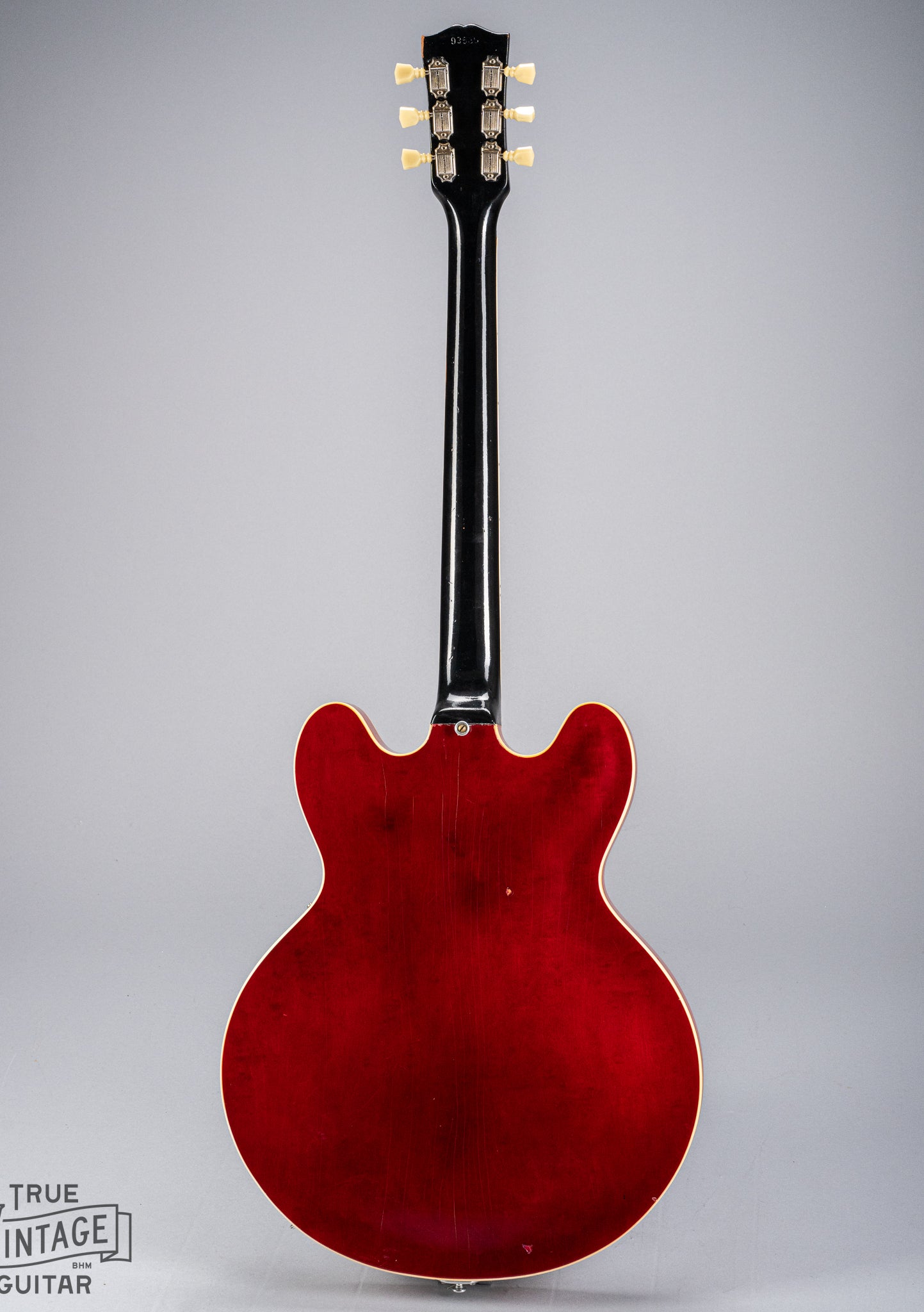 back of Gibson 1963 ES-335 Cherry red guitar body neck and headstock