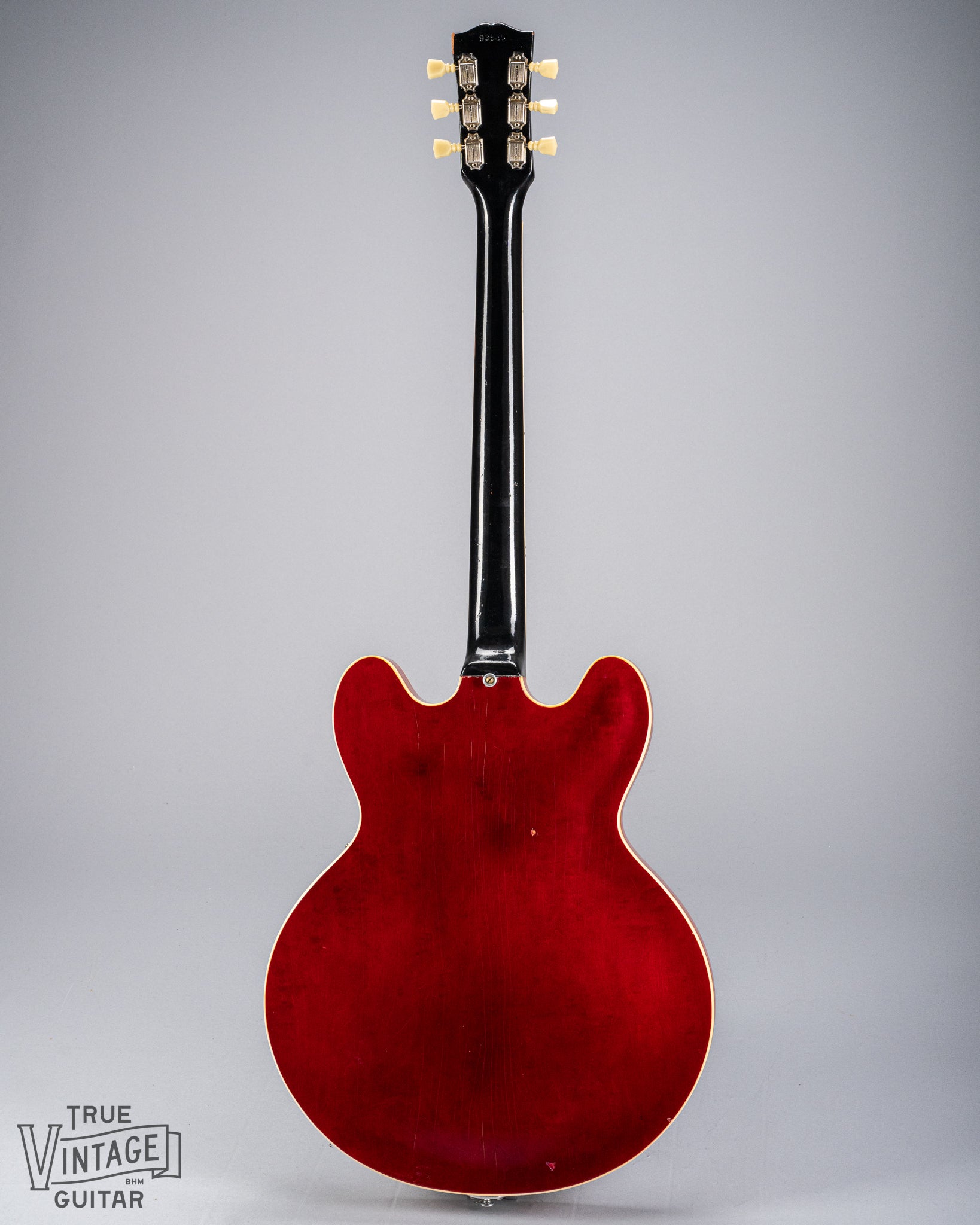 back of Gibson 1963 ES-335 Cherry red guitar body neck and headstock