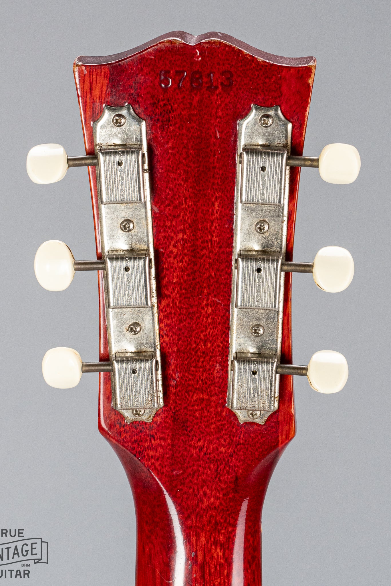 back of Gibson Les Paul Junior Cherry red guitar tuners and serial number