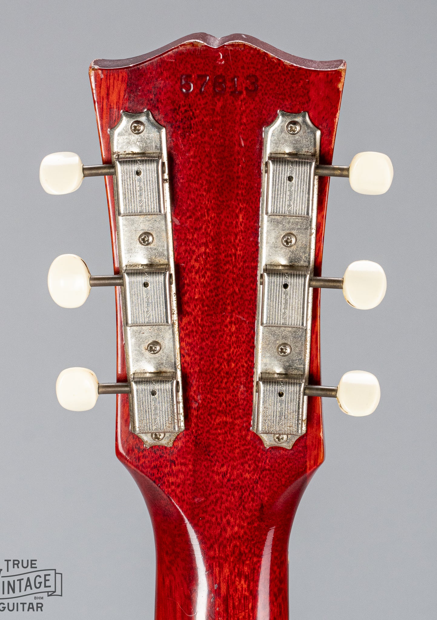 back of Gibson Les Paul Junior Cherry red guitar tuners and serial number
