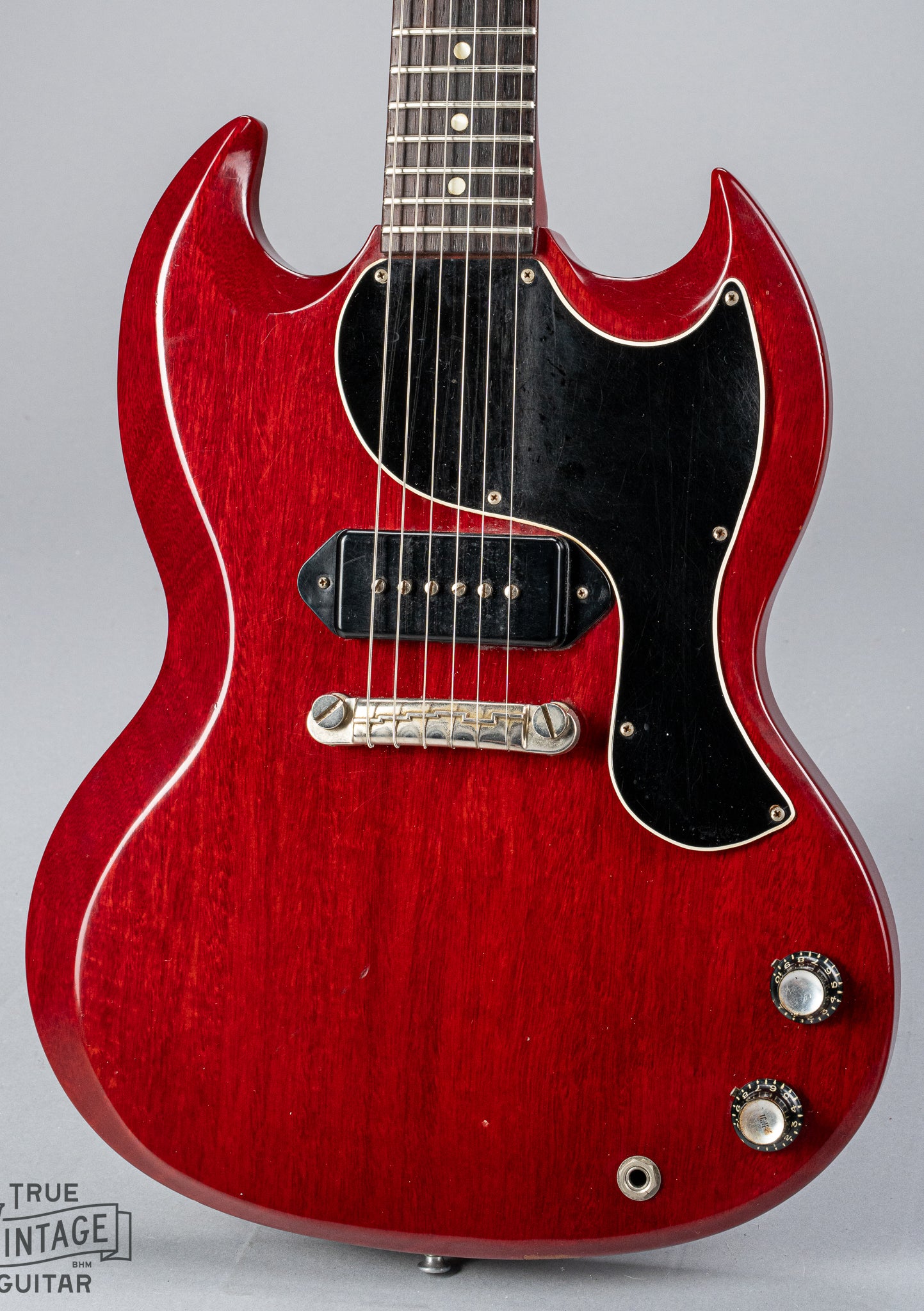 Front of Gibson Les Paul Junior Cherry red guitar body P90 pickup