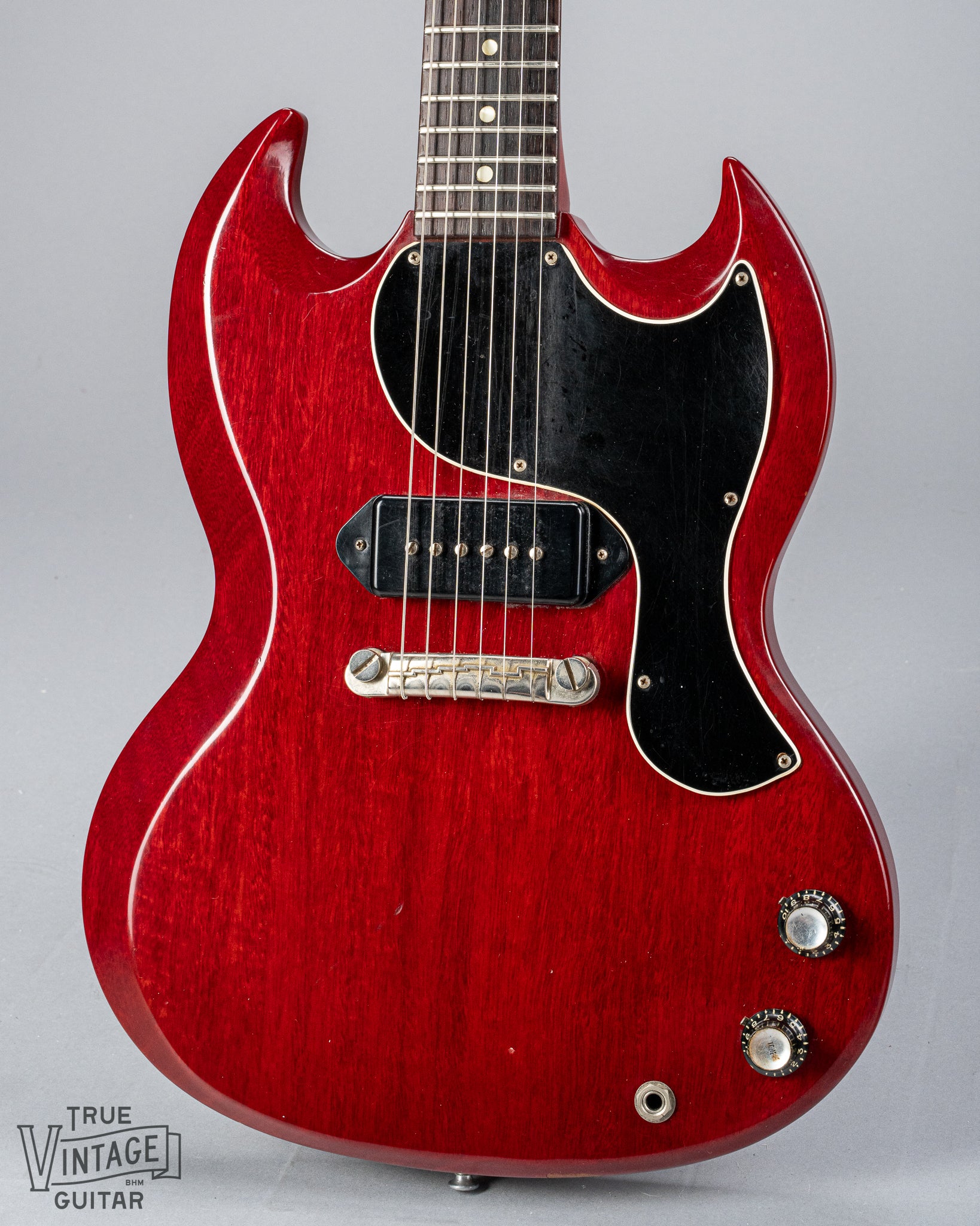 Front of Gibson Les Paul Junior Cherry red guitar body P90 pickup