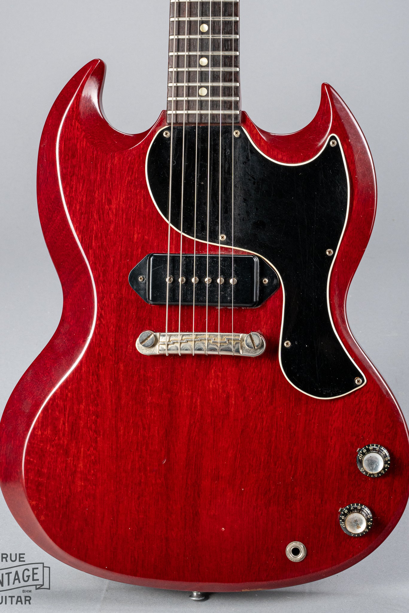 Front of Gibson Les Paul Junior Cherry red guitar body P90 pickup