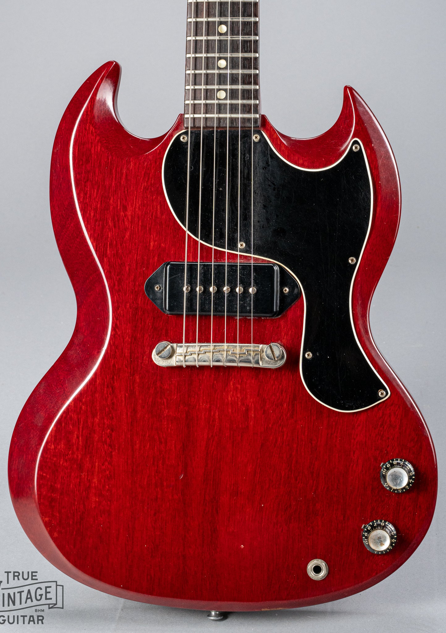 Front of Gibson Les Paul Junior Cherry red guitar body P90 pickup