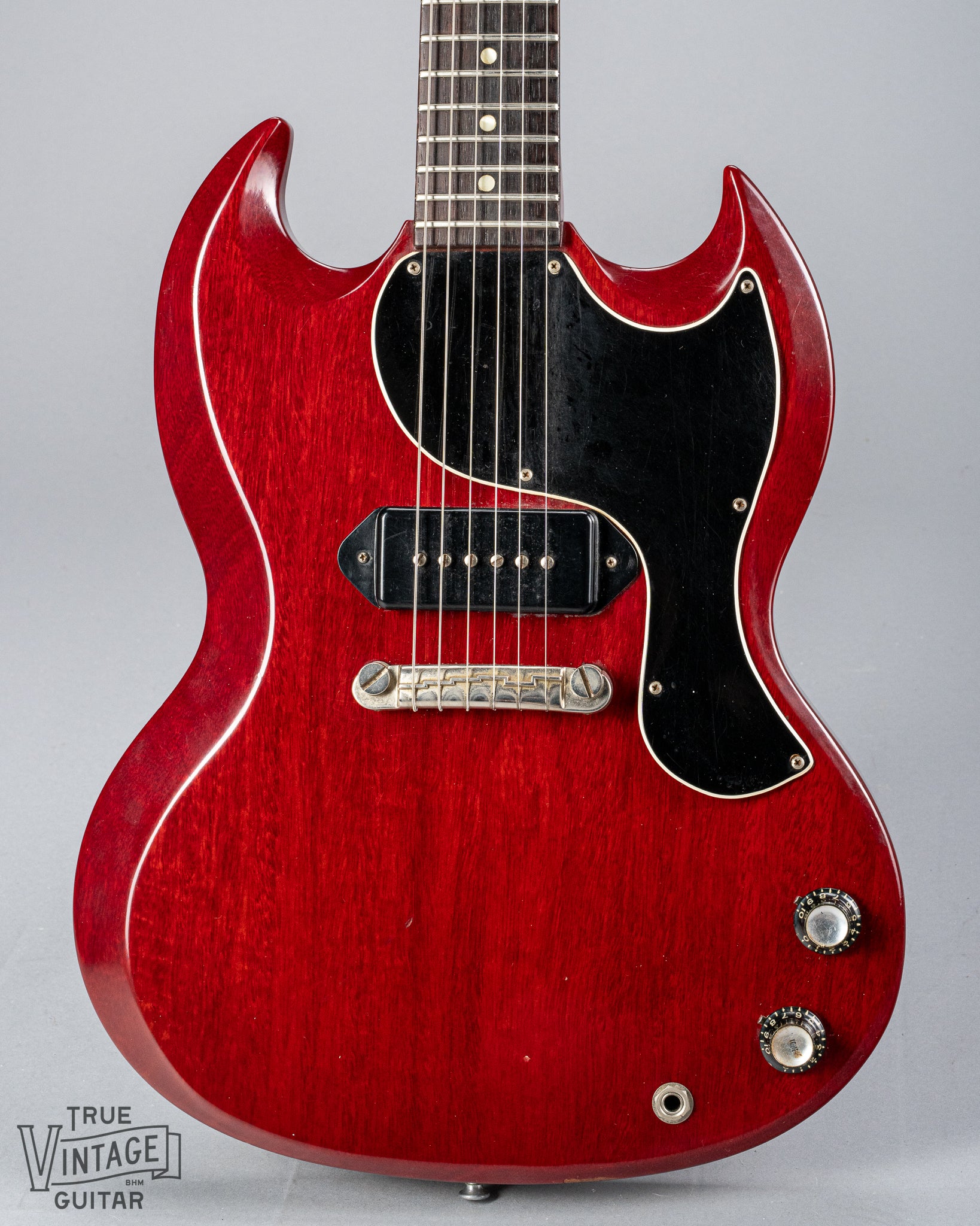 Front of Gibson Les Paul Junior Cherry red guitar body P90 pickup