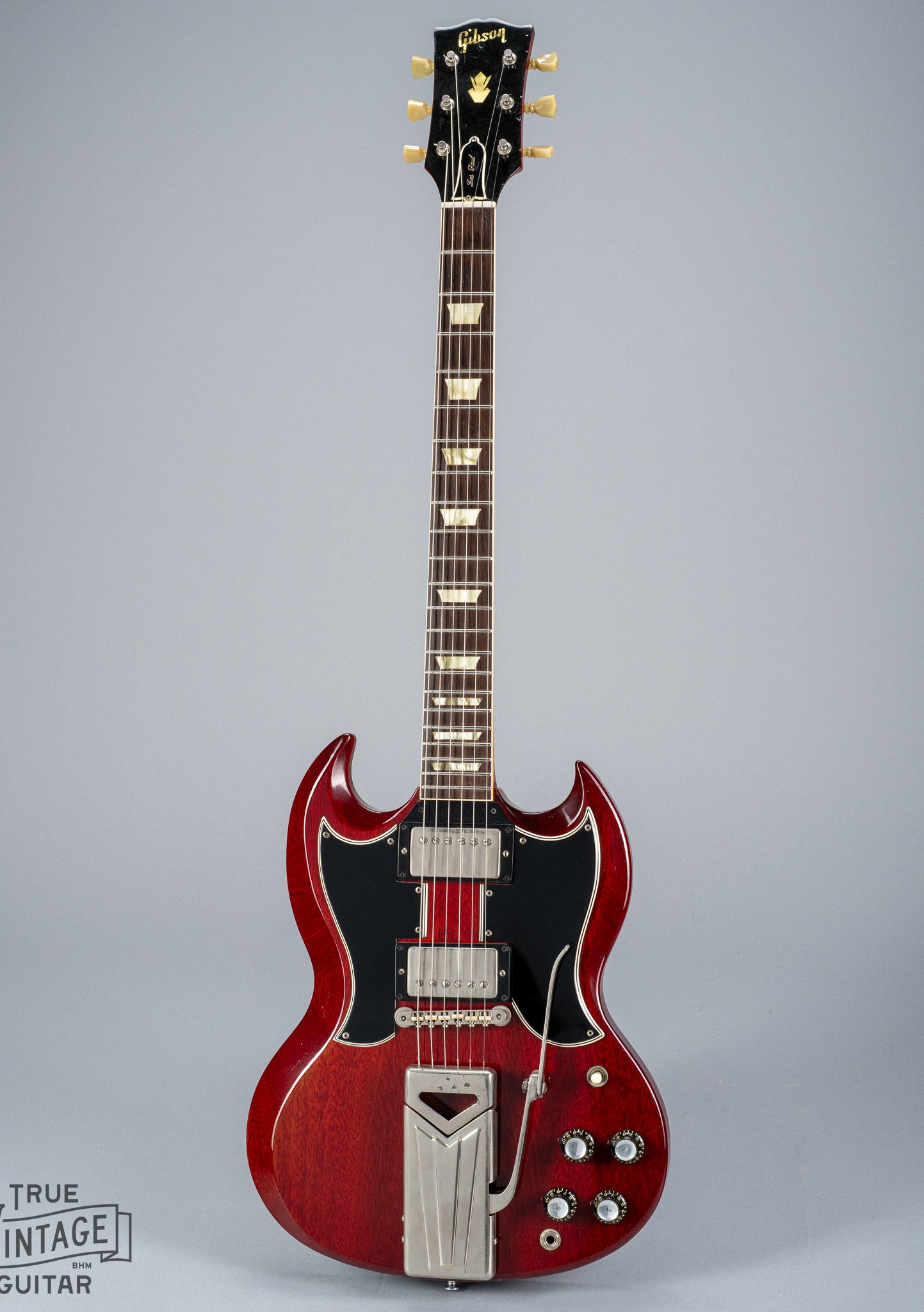 Full 1963 Gibson Les Paul Standard guitar with Cherry Red SG body and two pickguards