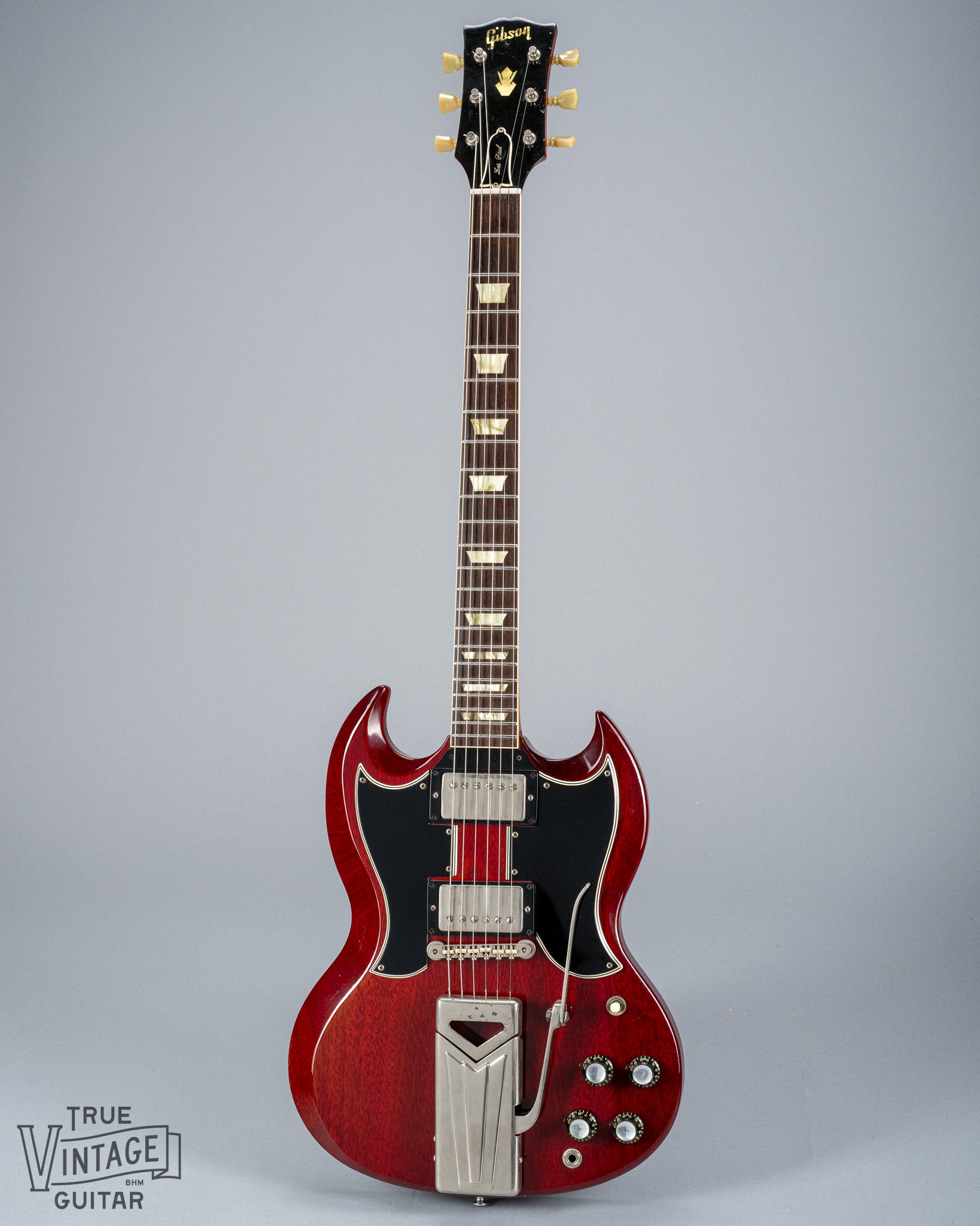 Full 1963 Gibson Les Paul Standard guitar with Cherry Red SG body and two pickguards