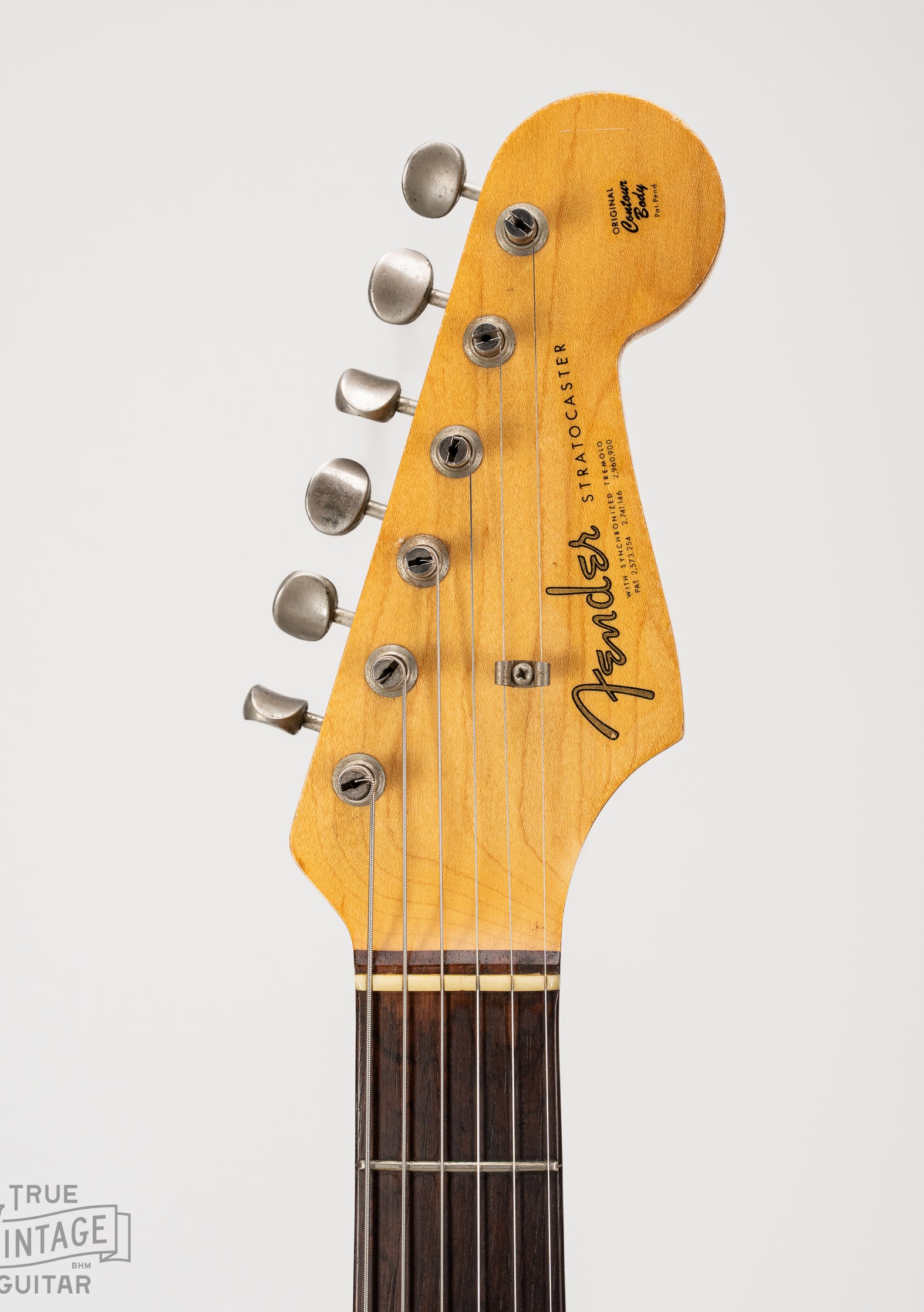 Headstock of 1963 Fender Stratocaster Lake Placid Blue with spaghetti logo
