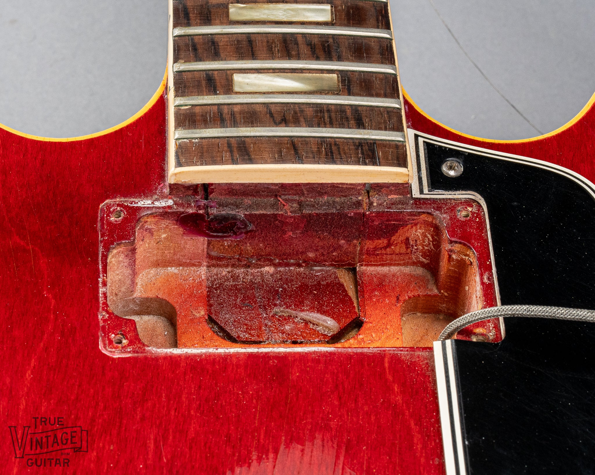 Gibson 1963 ES-335 Cherry red guitar neck pickup cavity