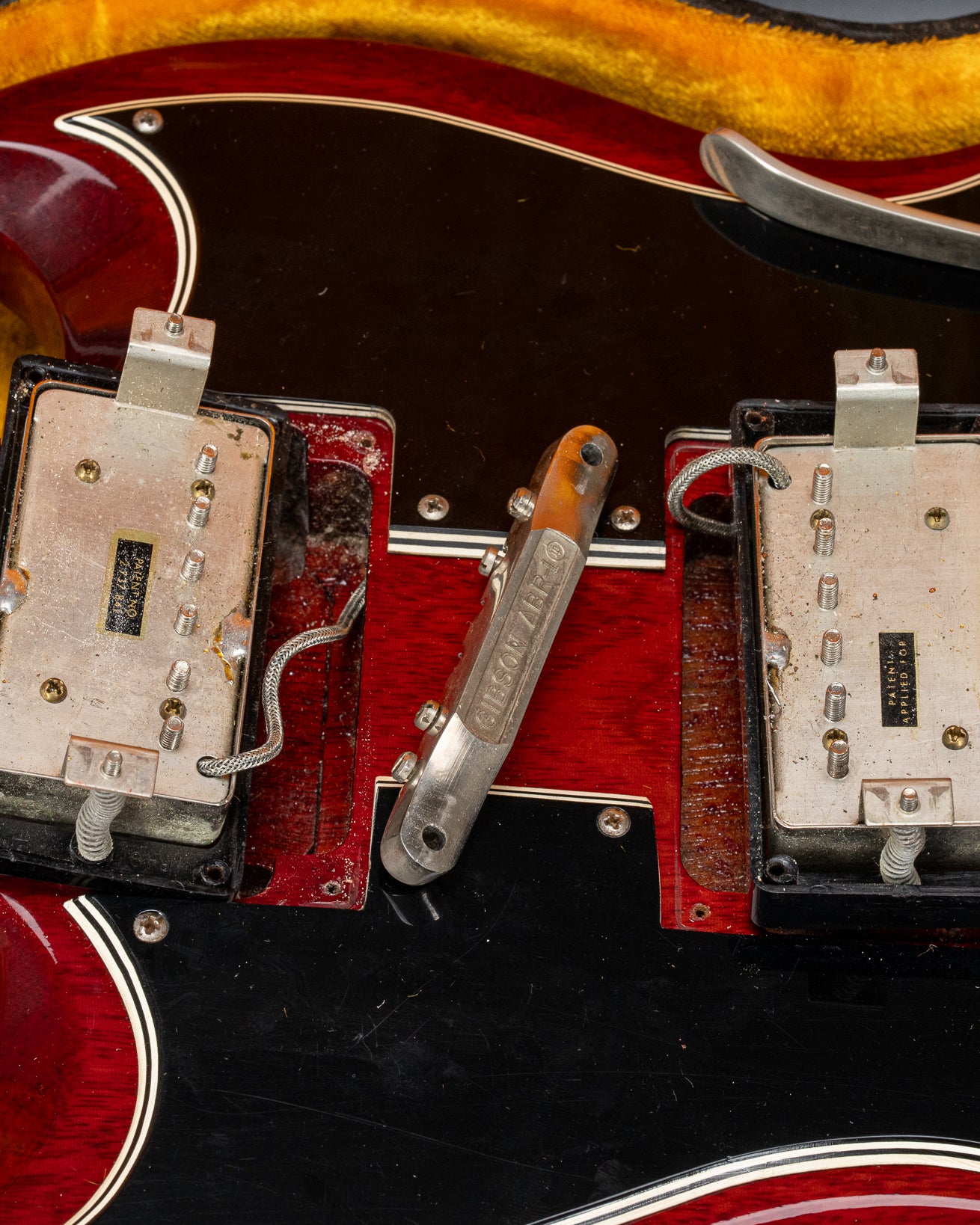 Back of pickups with one patent number stick and one patent applied for PAF sticker on 1963 Gibson Les Paul Standard SG