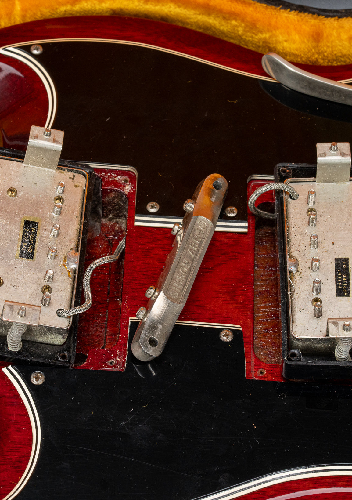 Back of pickups with one patent number stick and one patent applied for PAF sticker on 1963 Gibson Les Paul Standard SG