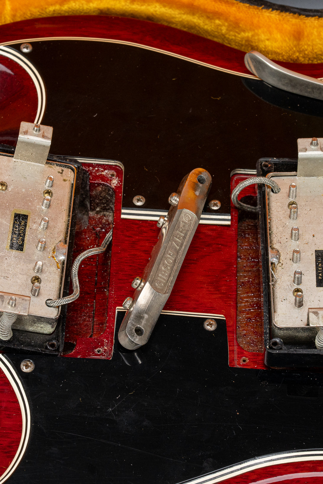Back of pickups with one patent number stick and one patent applied for PAF sticker on 1963 Gibson Les Paul Standard SG