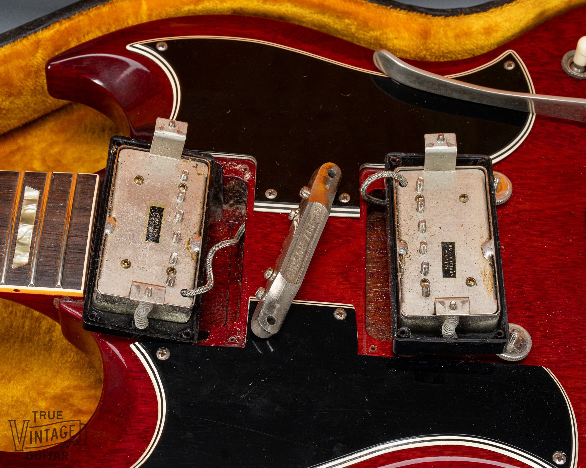 Back of pickups with one patent number stick and one patent applied for PAF sticker on 1963 Gibson Les Paul Standard SG