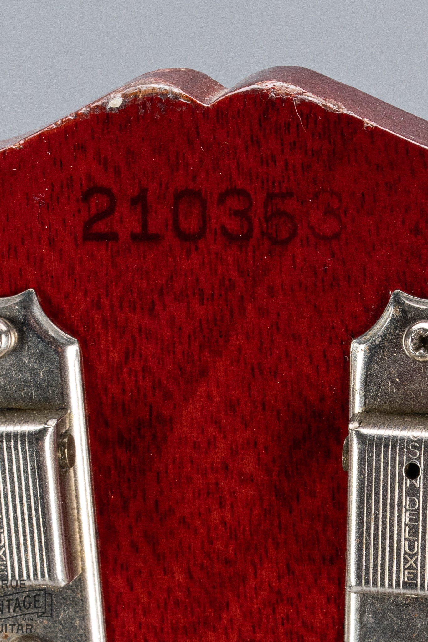 Back of 1964 Gibson SG Junior Cherry guitar neck headstock tuning machines tuner buttons serial number