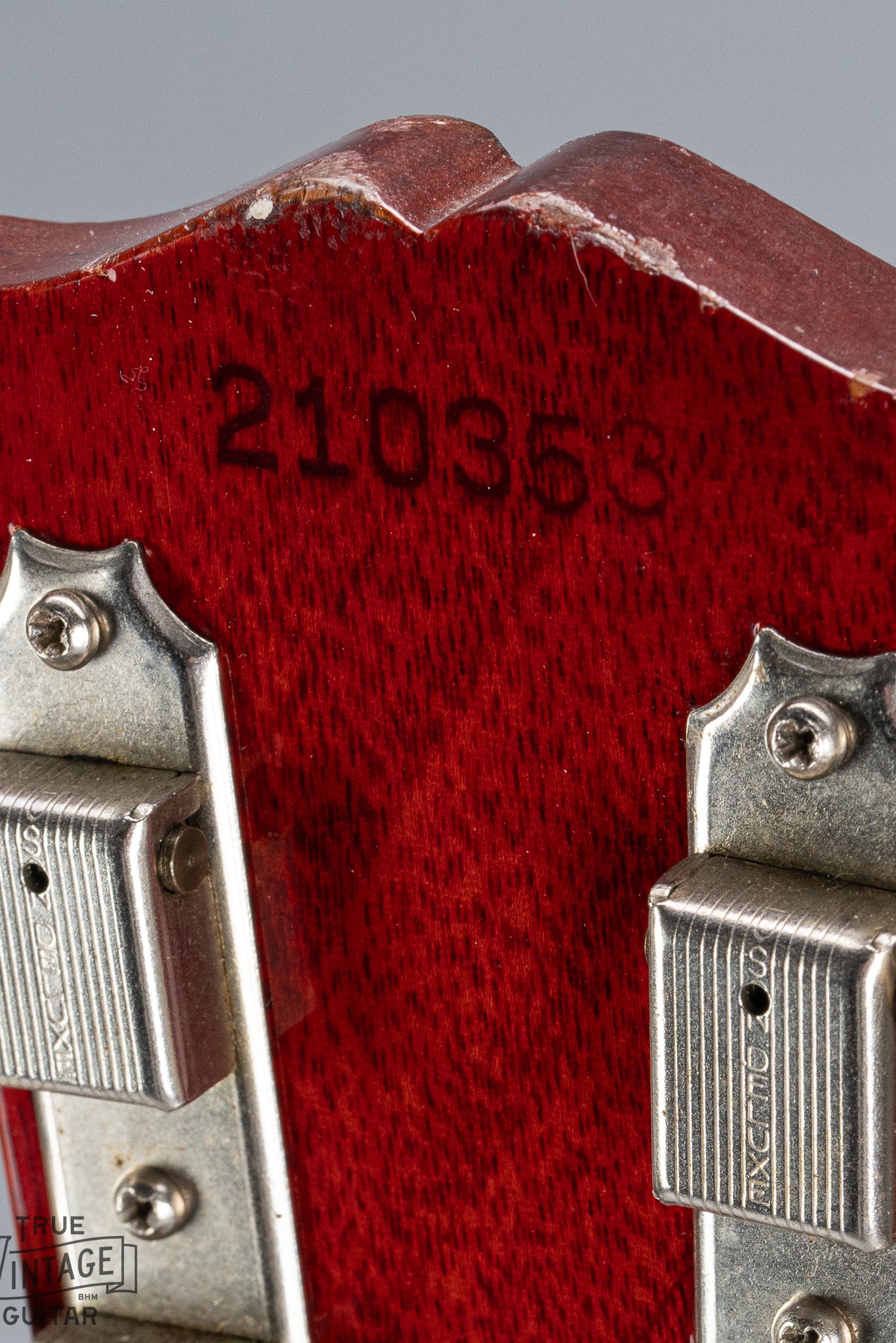 Back of 1964 Gibson SG Junior Cherry guitar neck headstock tuning machines tuner buttons serial number
