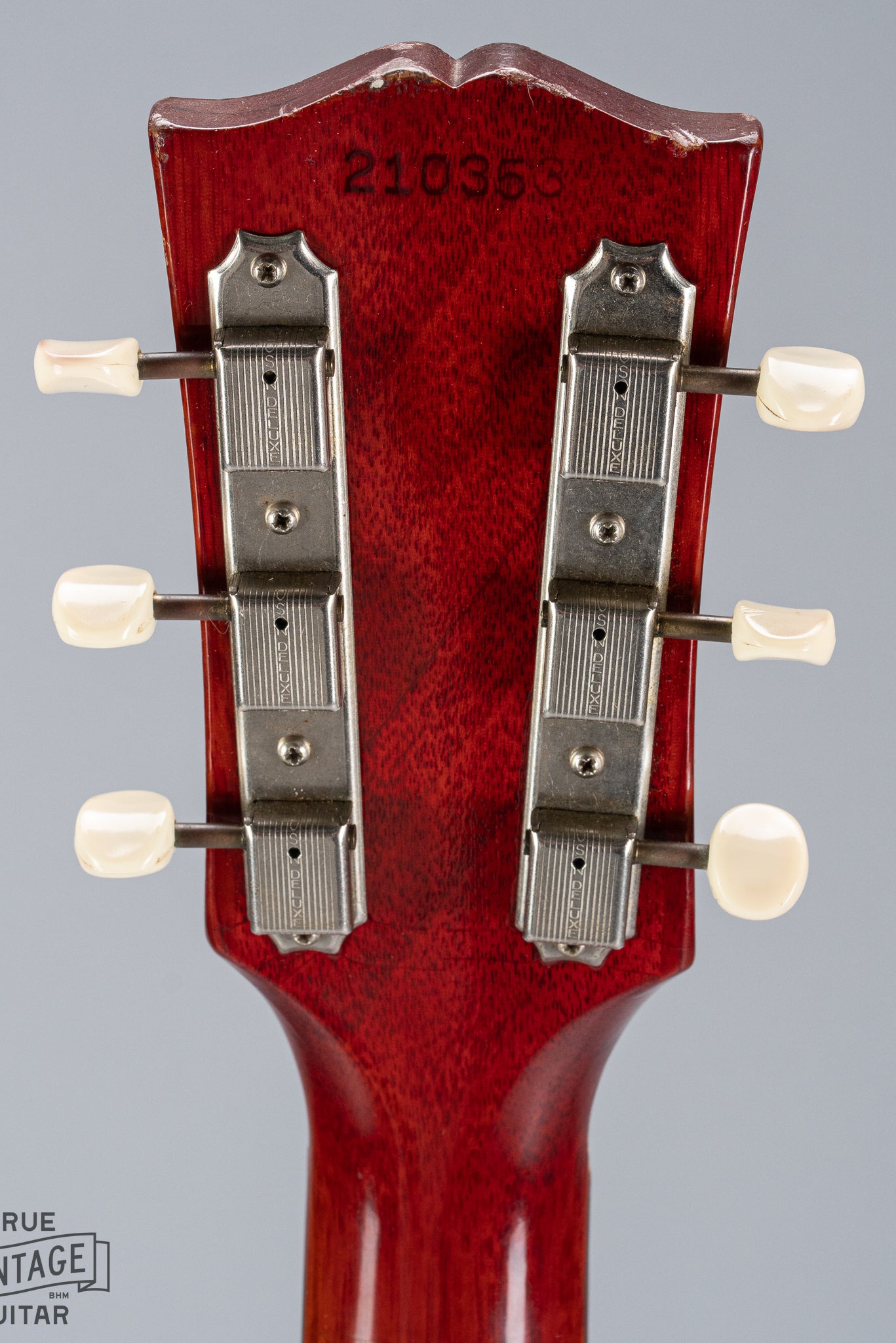 Back of 1964 Gibson SG Junior Cherry guitar neck headstock tuning machines tuner buttons serial number