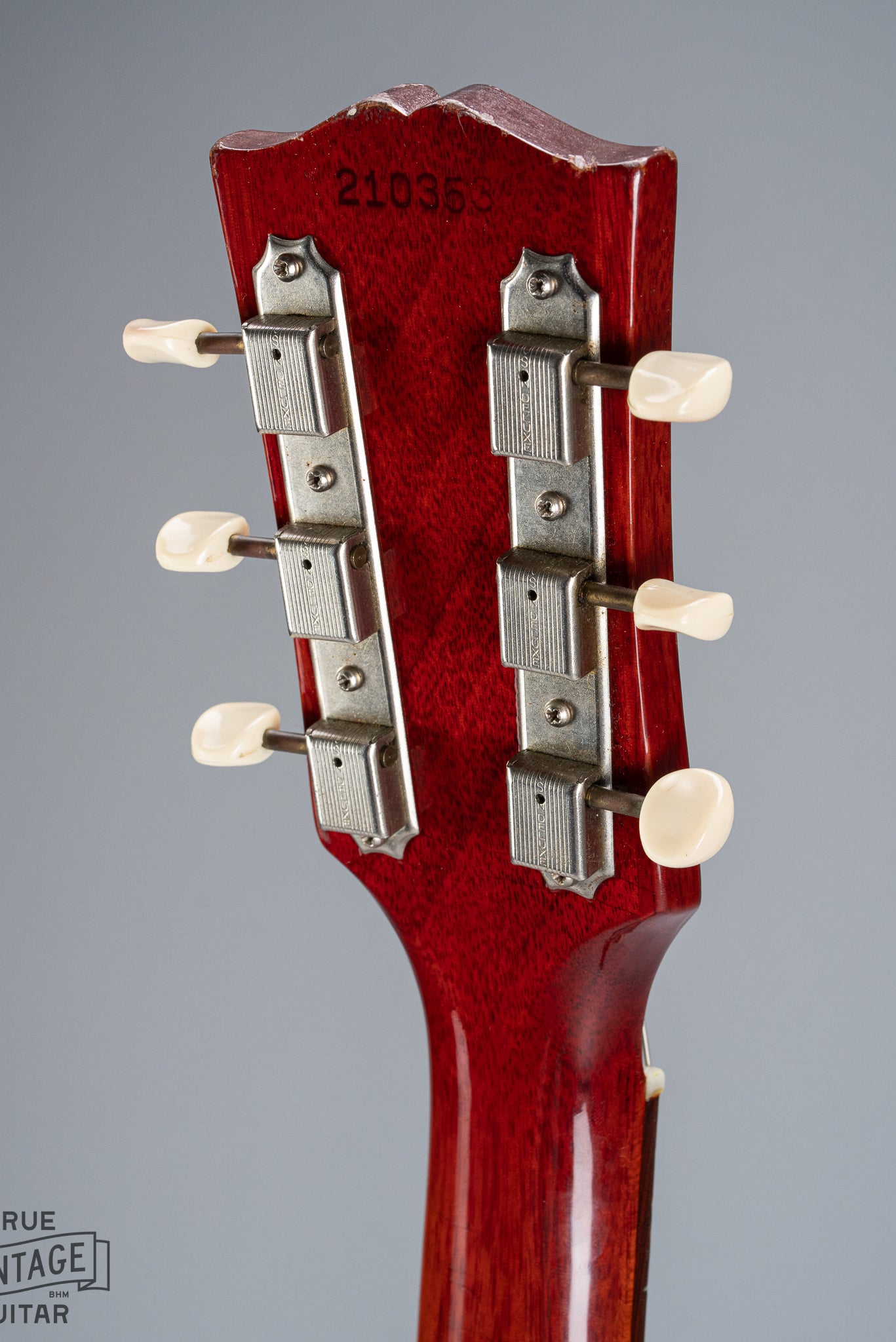 Back of 1964 Gibson SG Junior Cherry guitar neck headstock tuning machines tuner buttons serial number