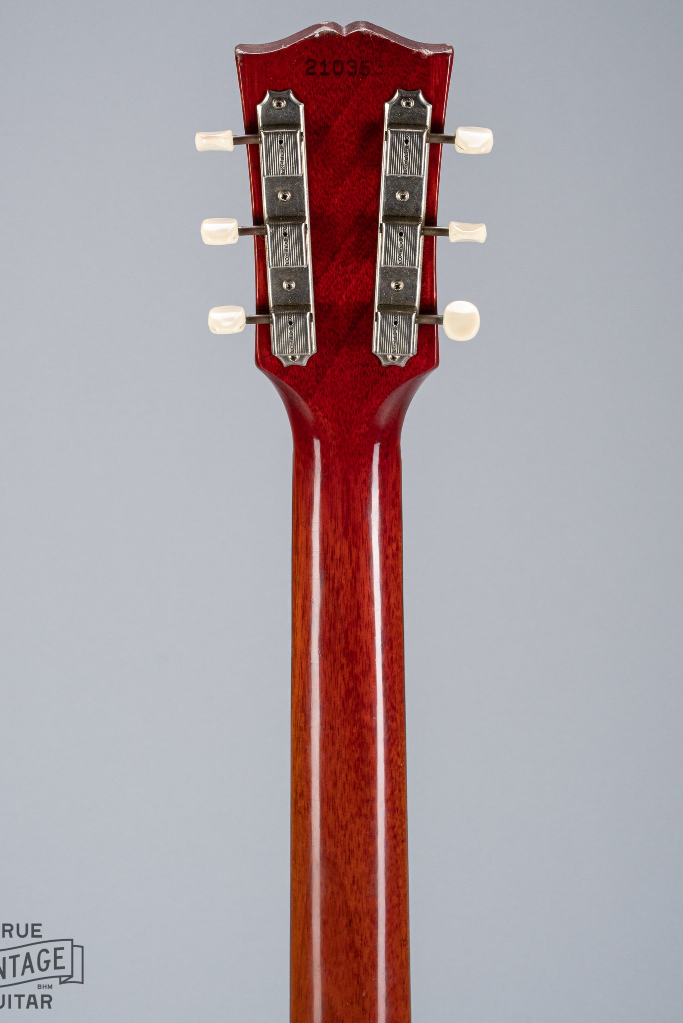 Back of 1964 Gibson SG Junior Cherry guitar neck headstock tuning machines tuner buttons serial number