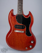 Front of 1964 Gibson SG Junior Cherry body pickguard dog ear P90 bridge wrap around tailpiece volume and tone controls fretboard original frets