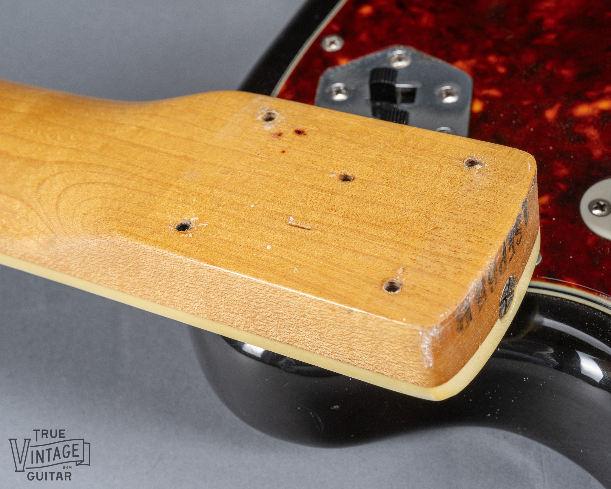 1965 Fender Jaguar Sunburst Back of Neck Heel Screw Holes CBS Neck Heel Date