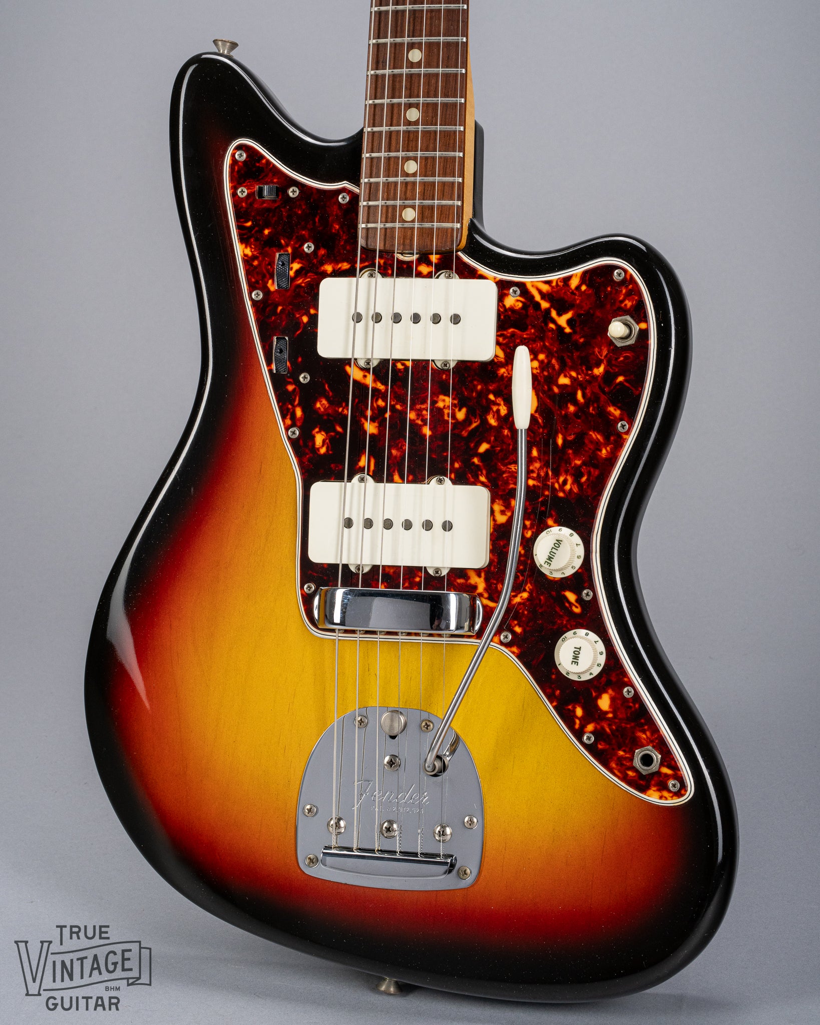 Front of 1965 Fender Jazzmaster sunburst guitar body tortoise shell pickguard pickups bridge tremolo