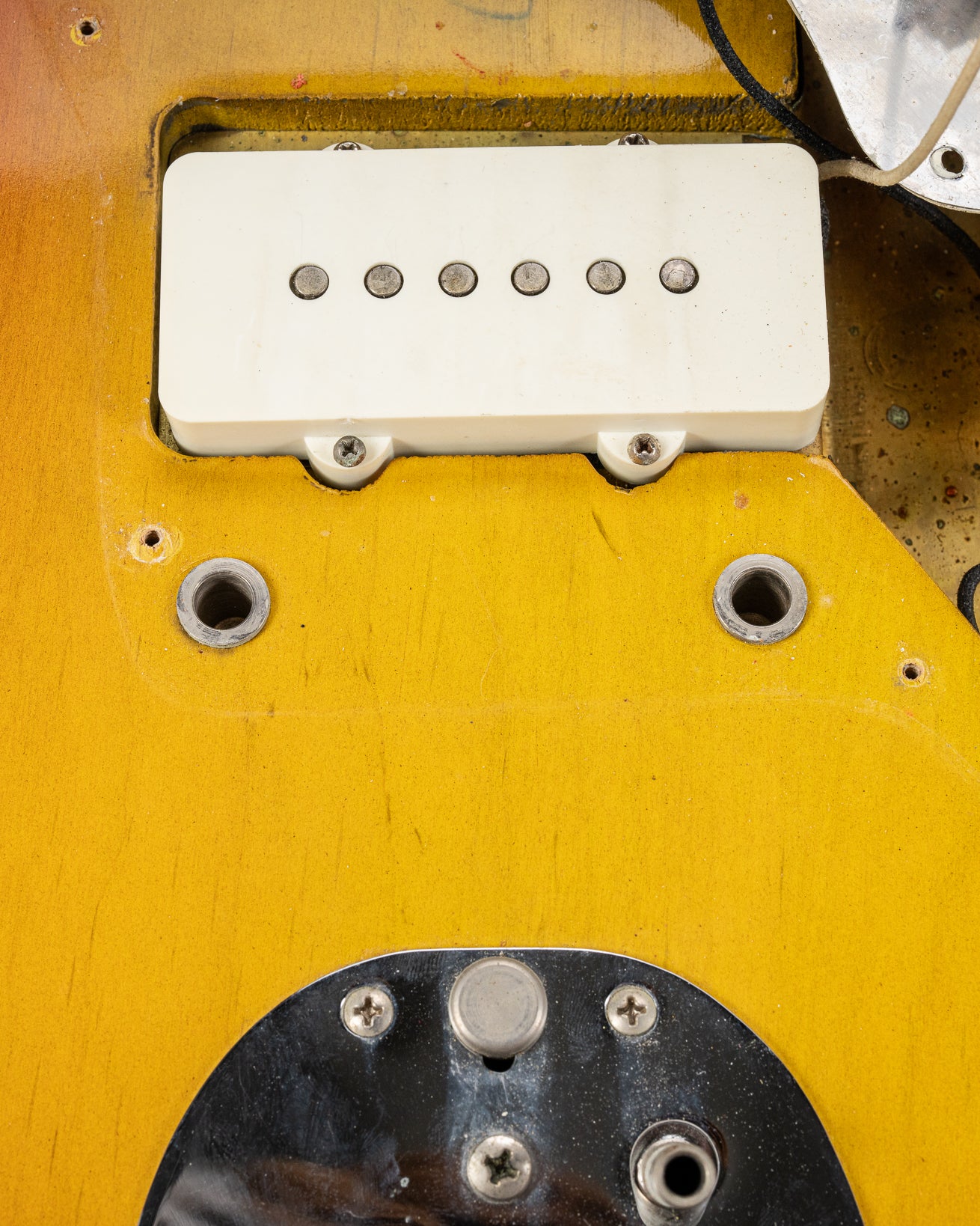 1965 Fender Jazzmaster sunburst guitar bridge holes and screw holes