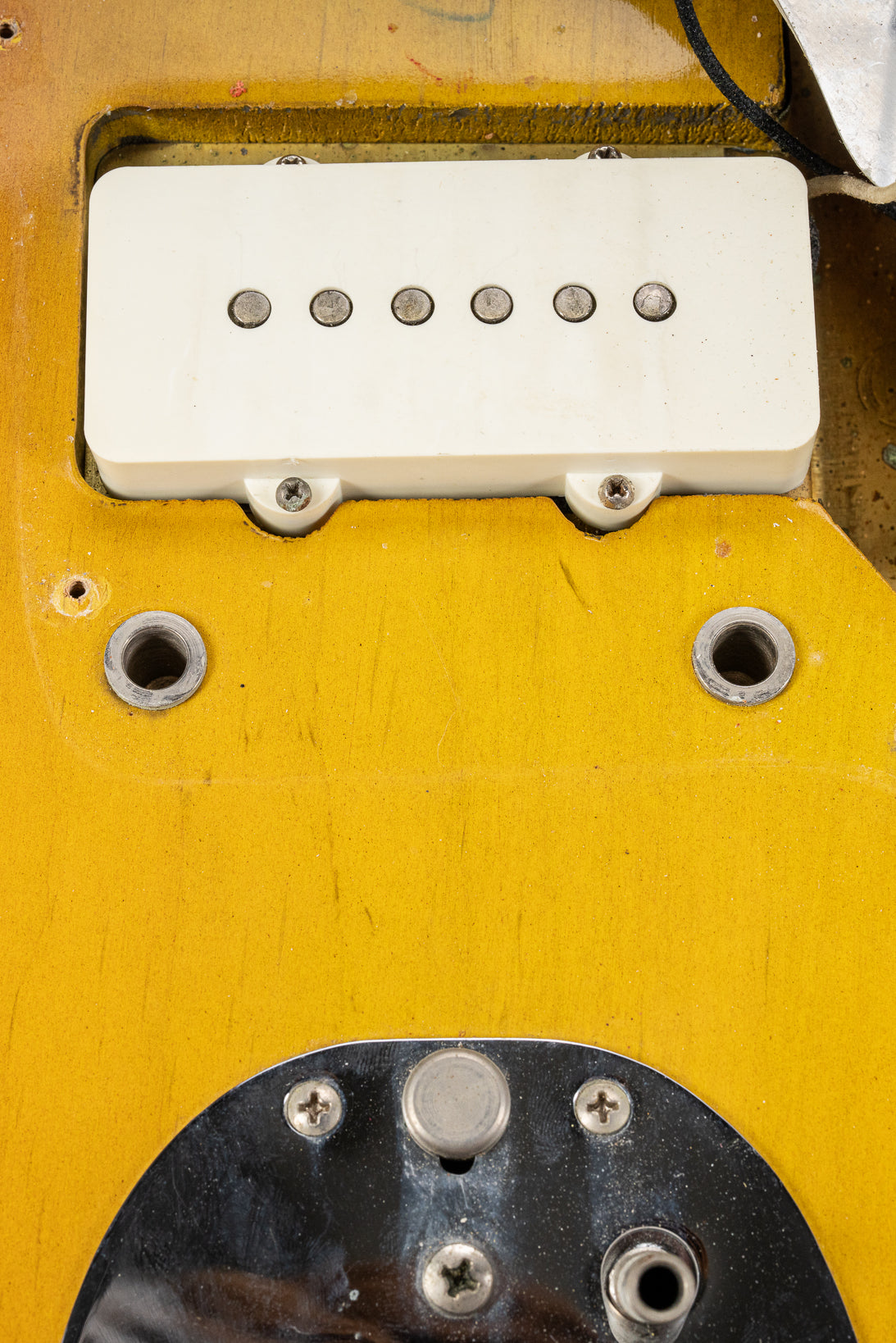 1965 Fender Jazzmaster sunburst guitar bridge holes and screw holes