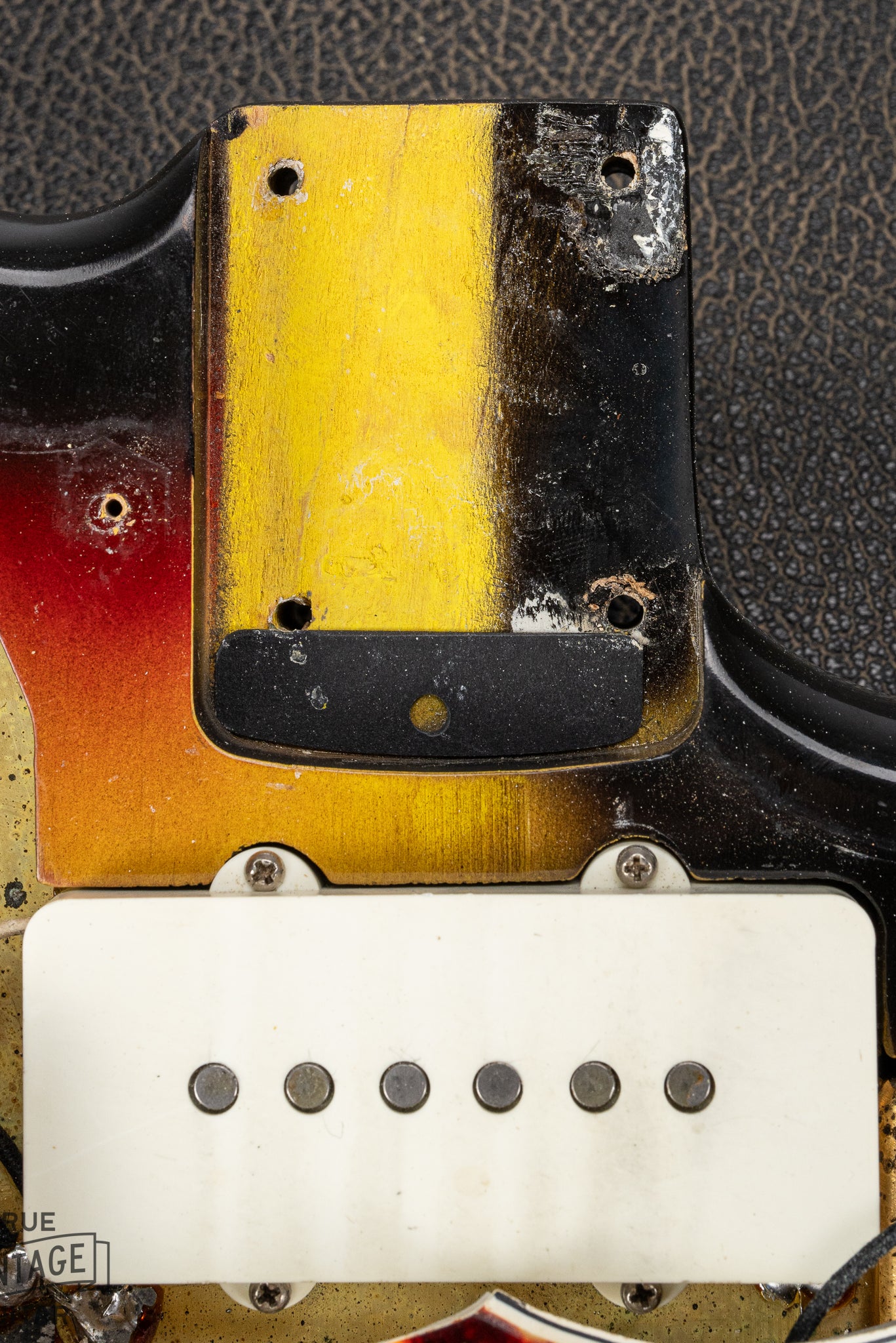 1965 Fender Jazzmaster sunburst guitar neck pocket and screw holes