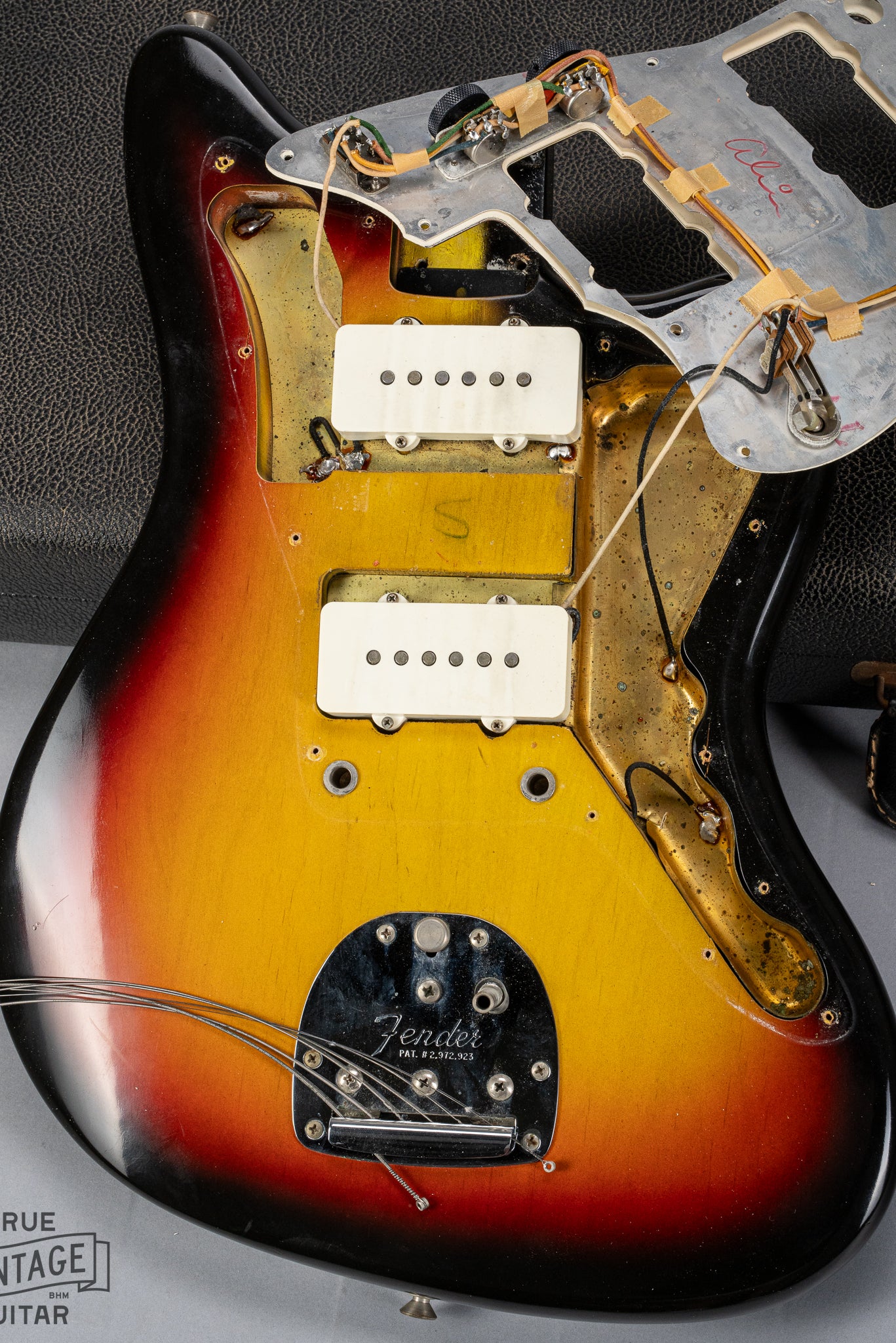 1965 Fender Jazzmaster sunburst guitar body control cavity original pickups and shielding screw holes