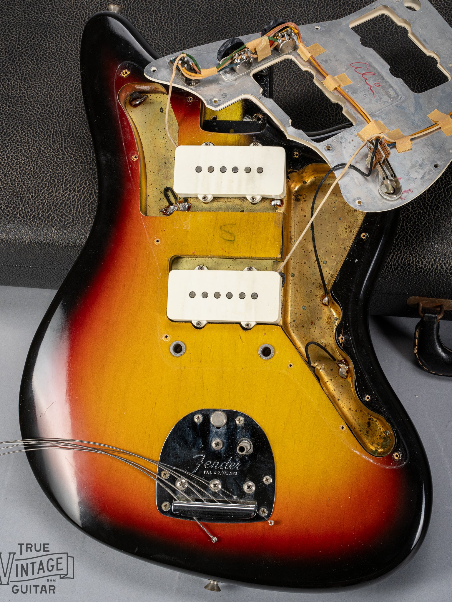 1965 Fender Jazzmaster sunburst guitar body control cavity original pickups and shielding screw holes
