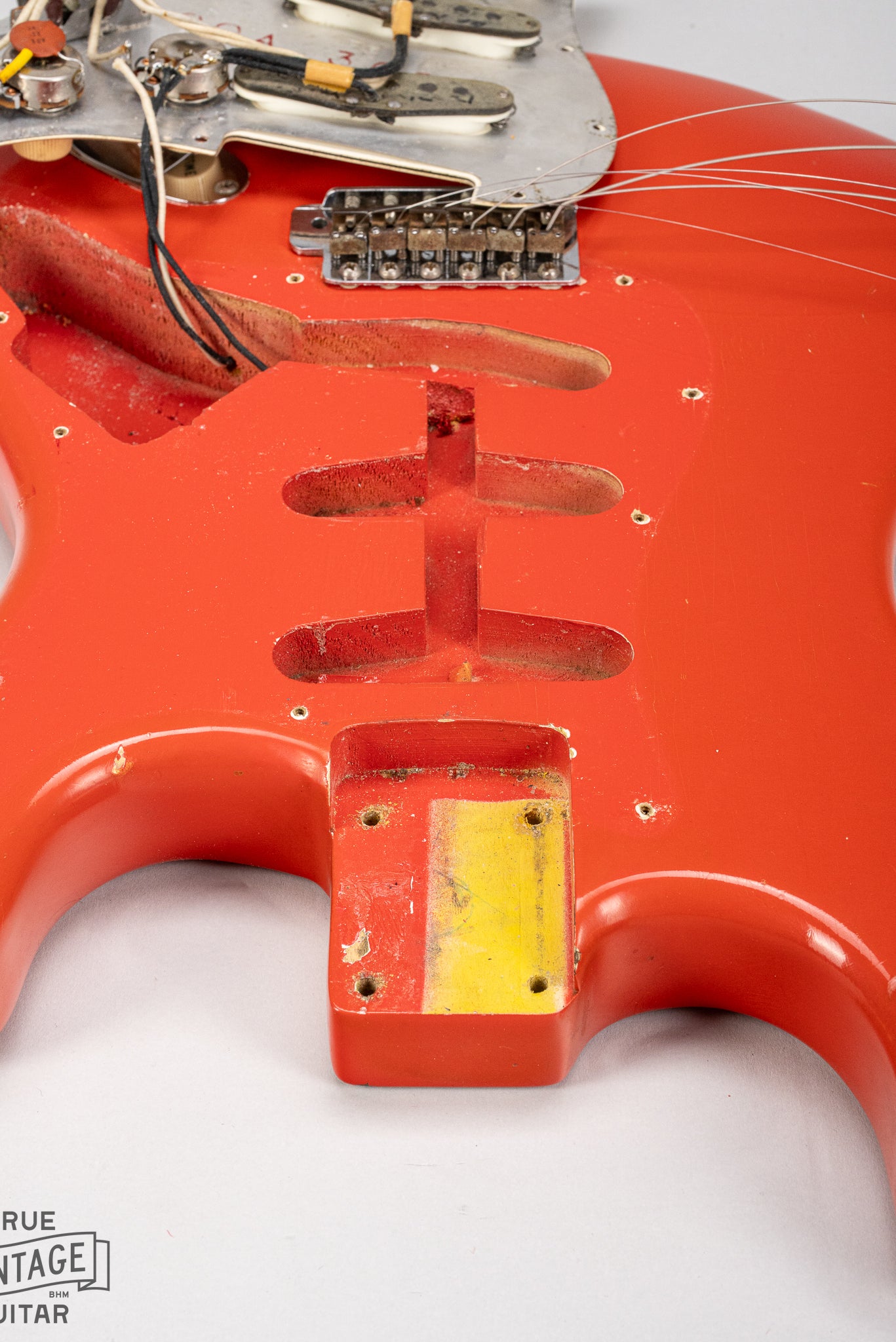 1965 Fender Stratocaster Fiesta Red custom color guitar interior cavities neck pocket