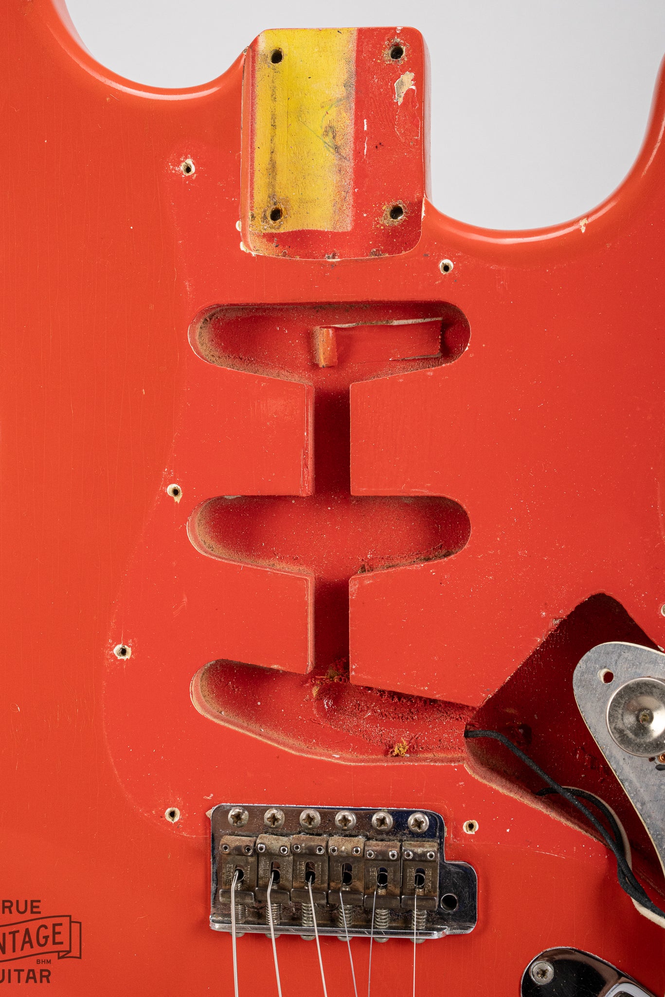 1965 Fender Stratocaster Fiesta Red custom color guitar interior pickup cavity routes