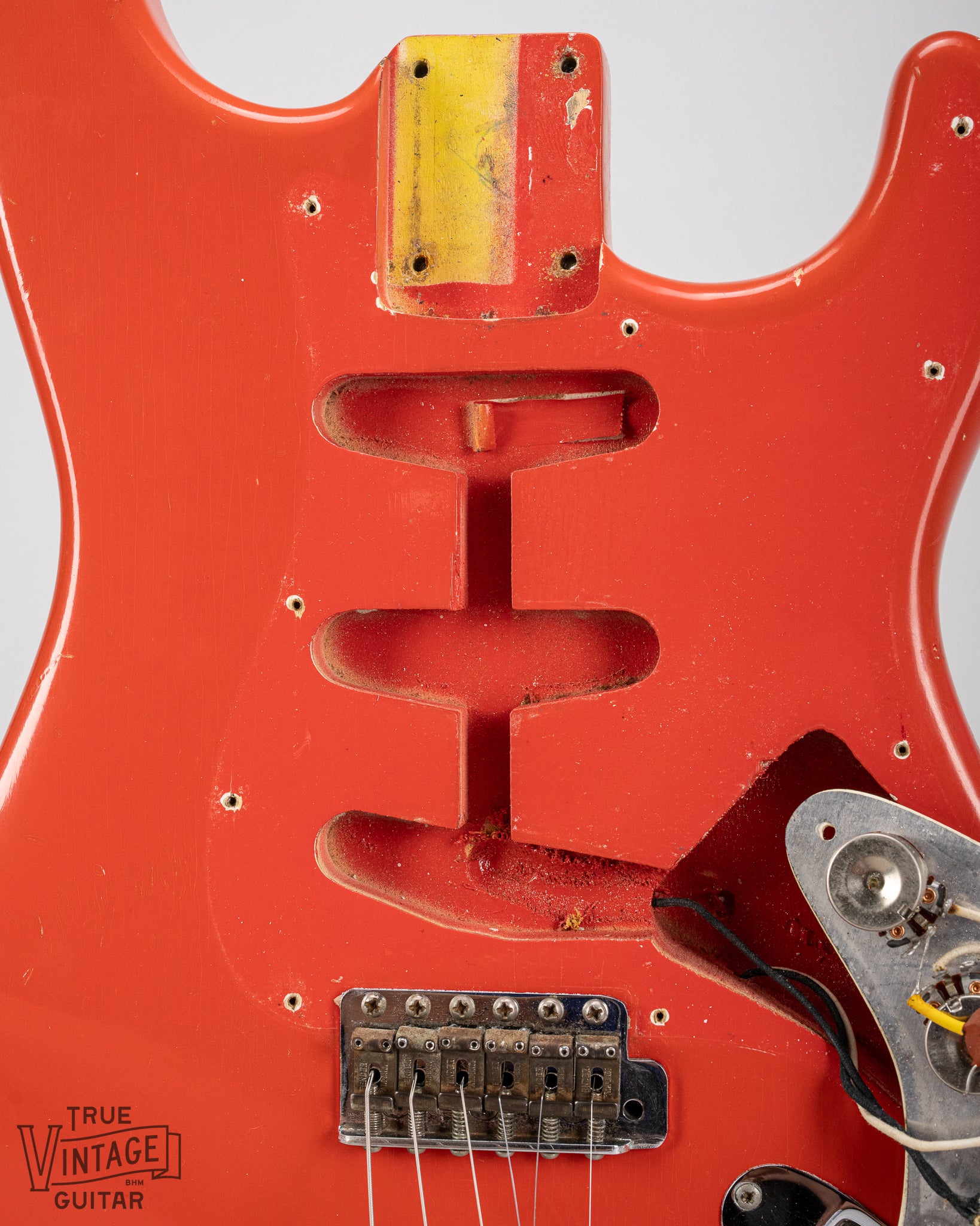 1965 Fender Stratocaster Fiesta Red custom color guitar interior pickup cavity routes