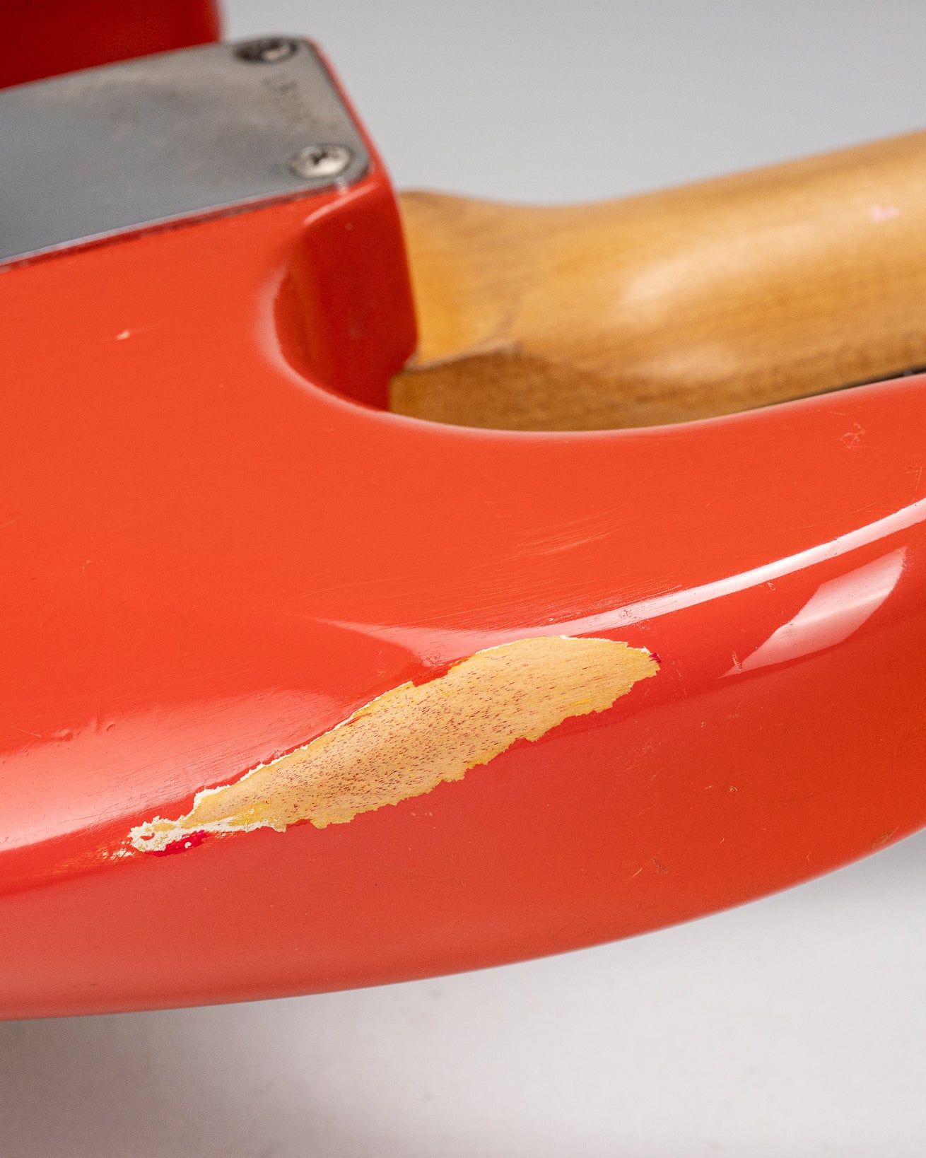 1965 Fender Stratocaster Fiesta Red custom color guitar finish wear