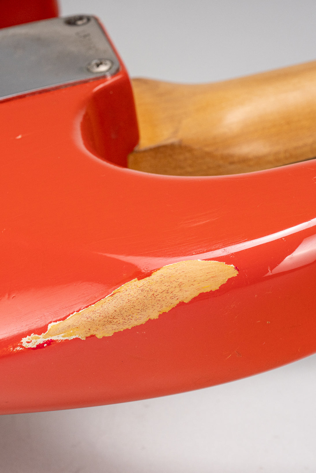 1965 Fender Stratocaster Fiesta Red custom color guitar finish wear