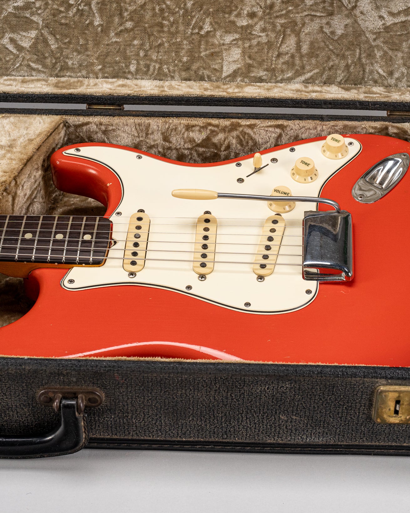 1965 Fender Stratocaster Fiesta Red custom color guitar front of body in original Australia case