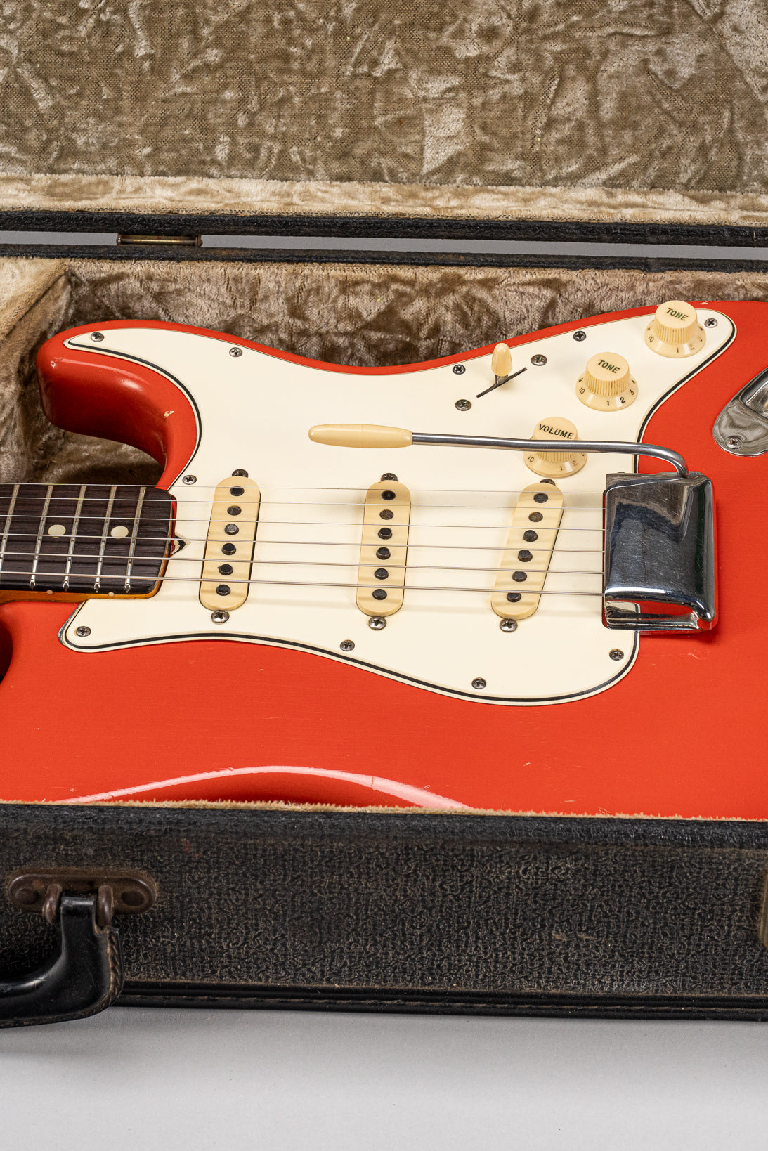 1965 Fender Stratocaster Fiesta Red custom color guitar front of body in original Australia case