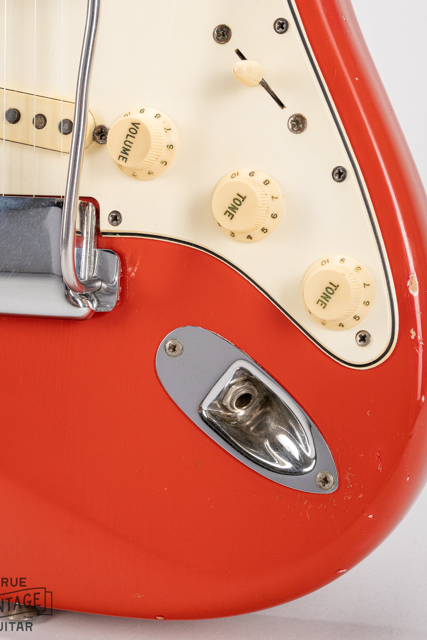 1965 Fender Stratocaster Fiesta Red custom color guitar Input jack, switch, volume and tone controls