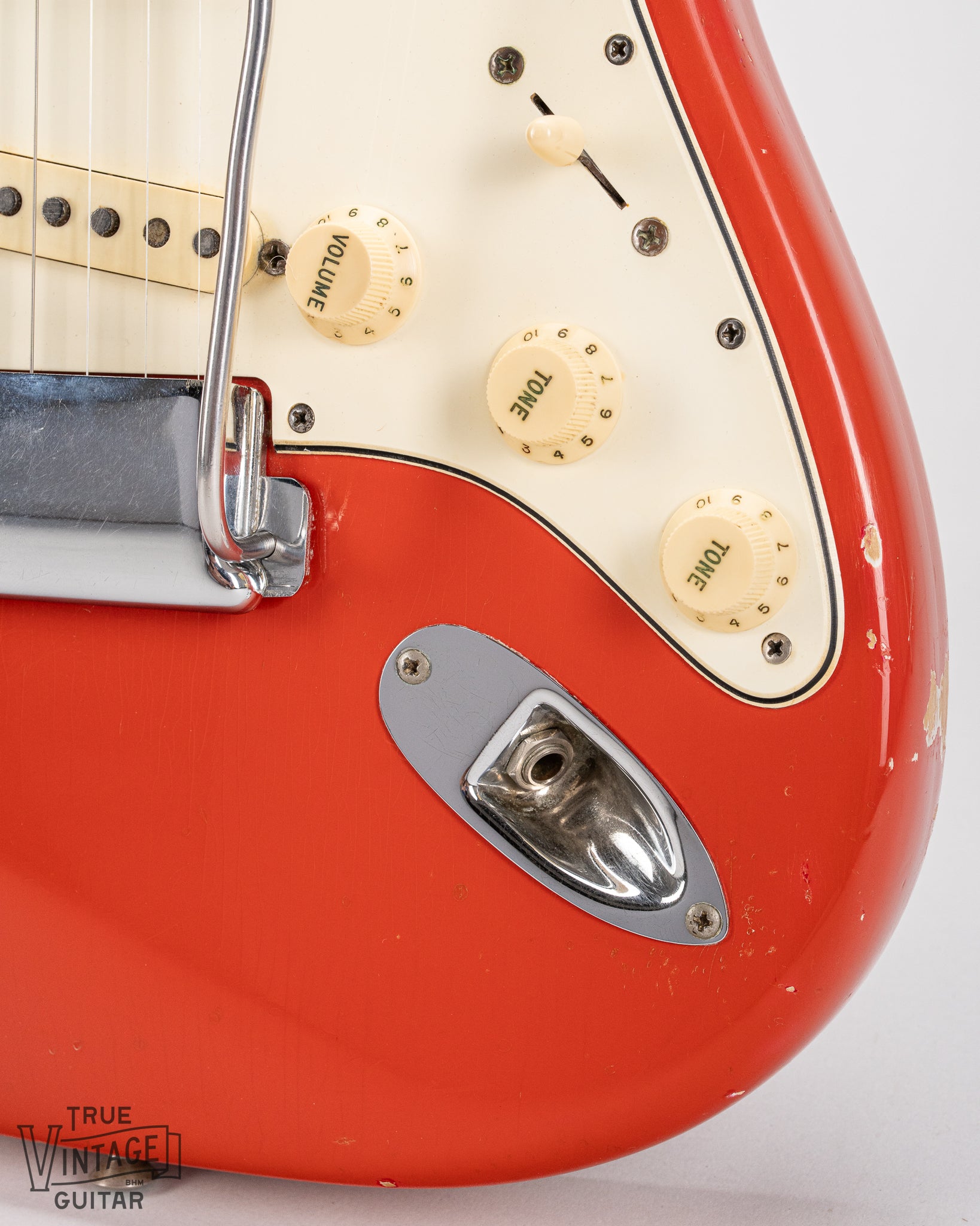 1965 Fender Stratocaster Fiesta Red custom color guitar Input jack, switch, volume and tone controls