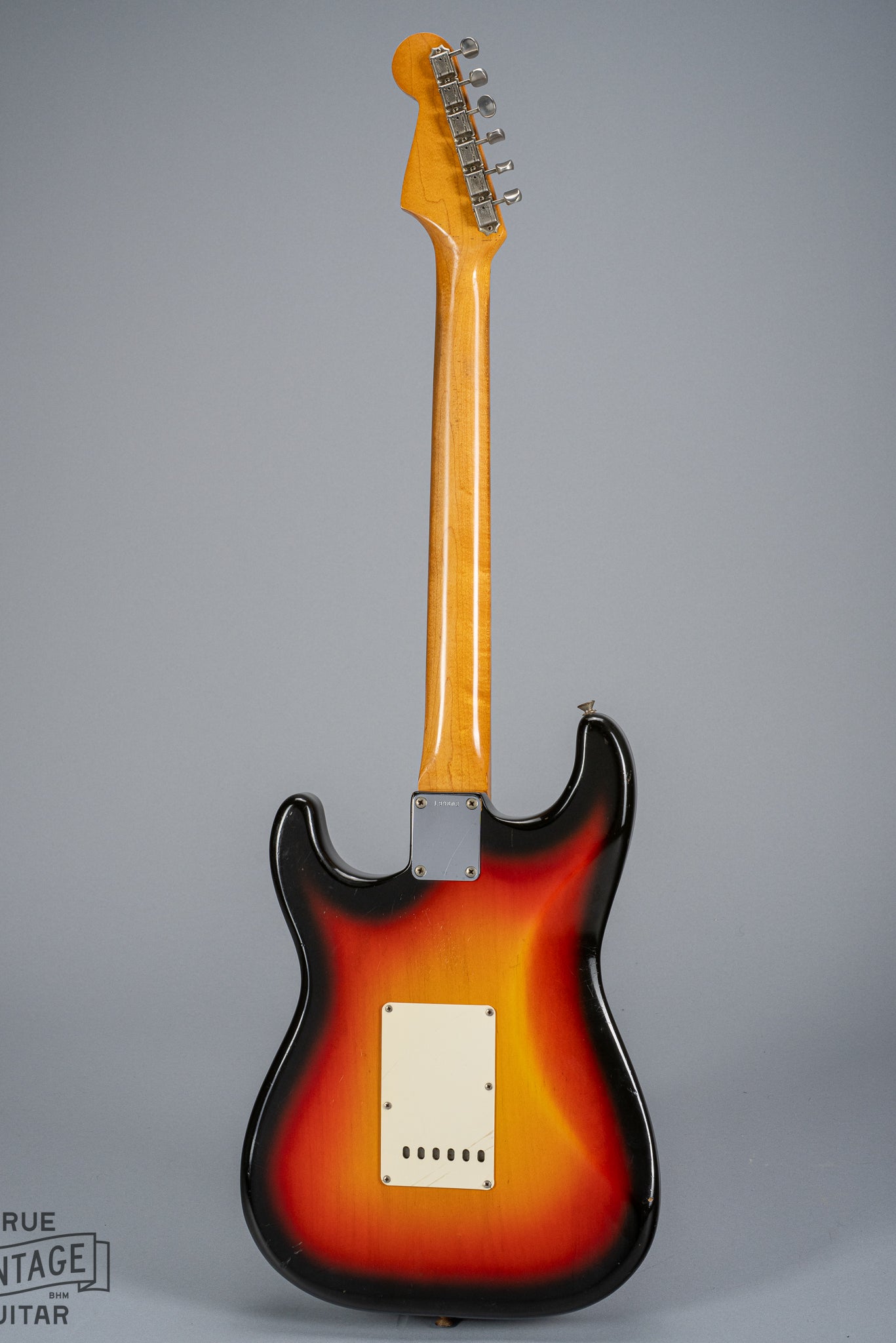 back of 1965 Fender Stratocaster Sunburst guitar body neck headstock neck plate