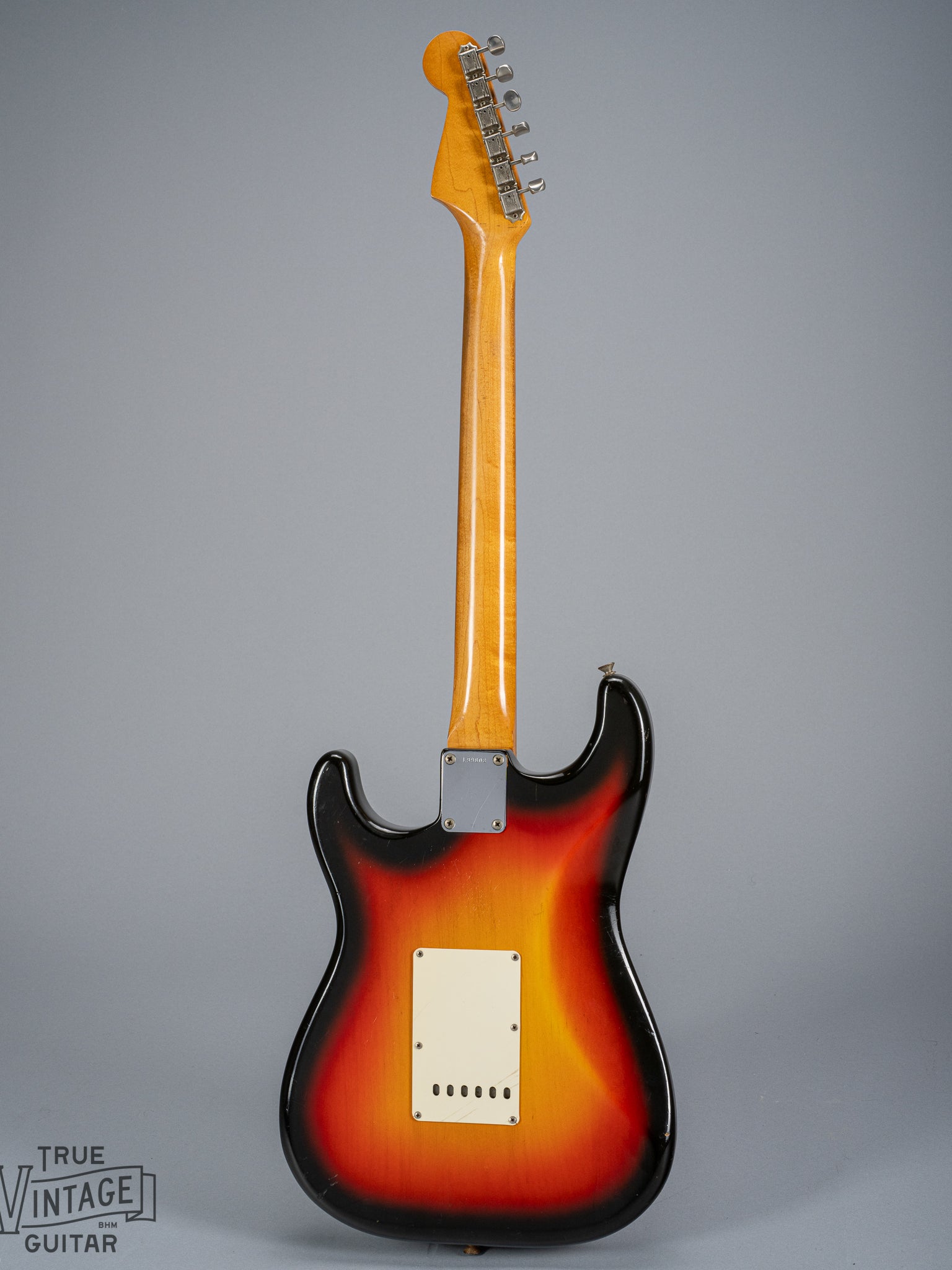 back of 1965 Fender Stratocaster Sunburst guitar body neck headstock neck plate