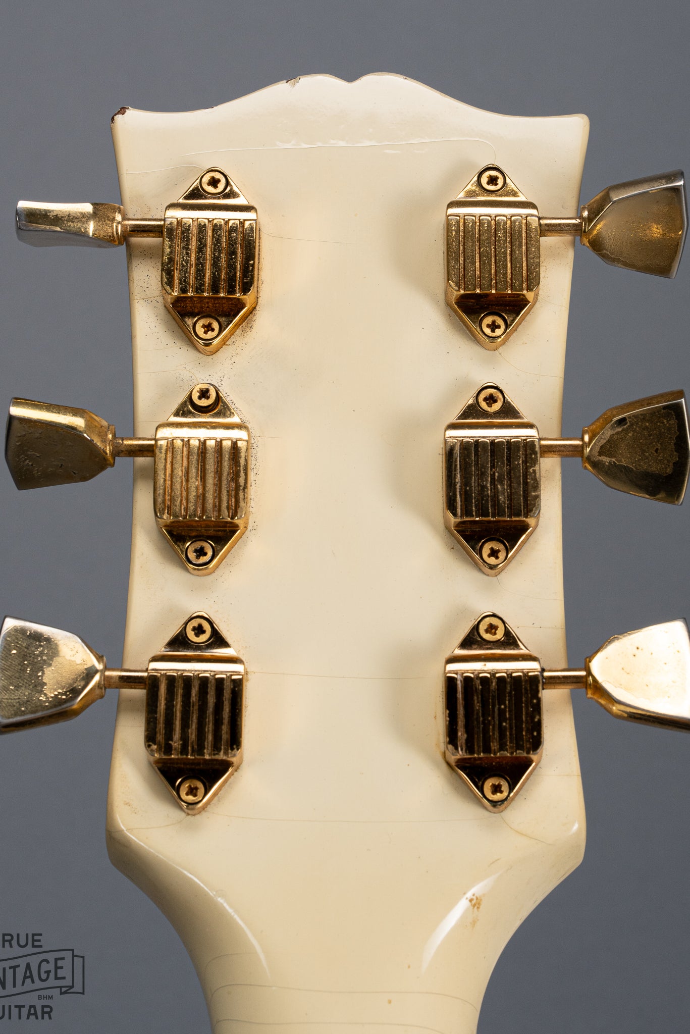 back of 1965 Gibson SG Custom white guitar three pickup with Bigsby B5 vibrato tailpiece headstock and serial number