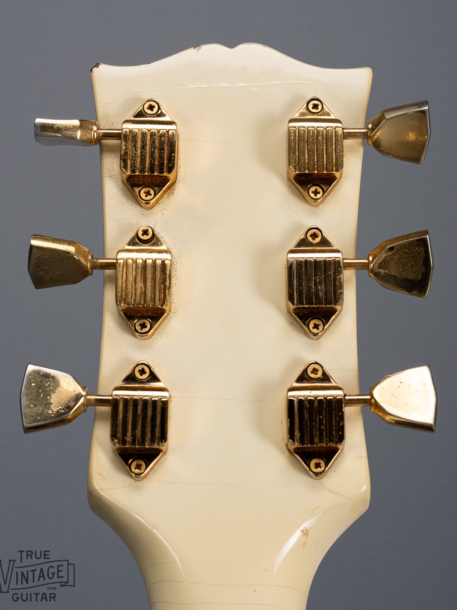 back of 1965 Gibson SG Custom white guitar three pickup with Bigsby B5 vibrato tailpiece headstock and serial number