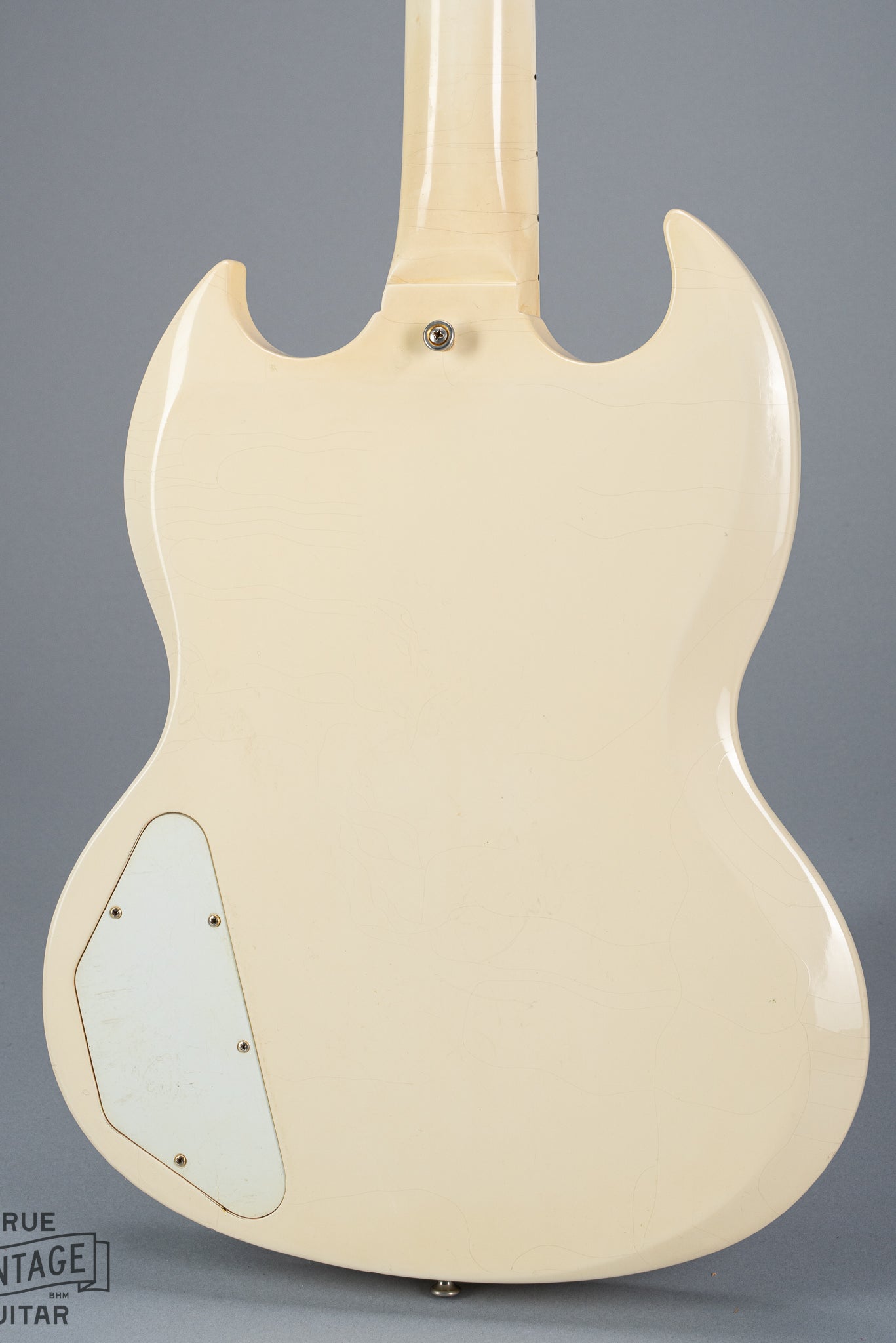 back of 1965 Gibson SG Custom white guitar three pickup with Bigsby B5 vibrato tailpiece control plate