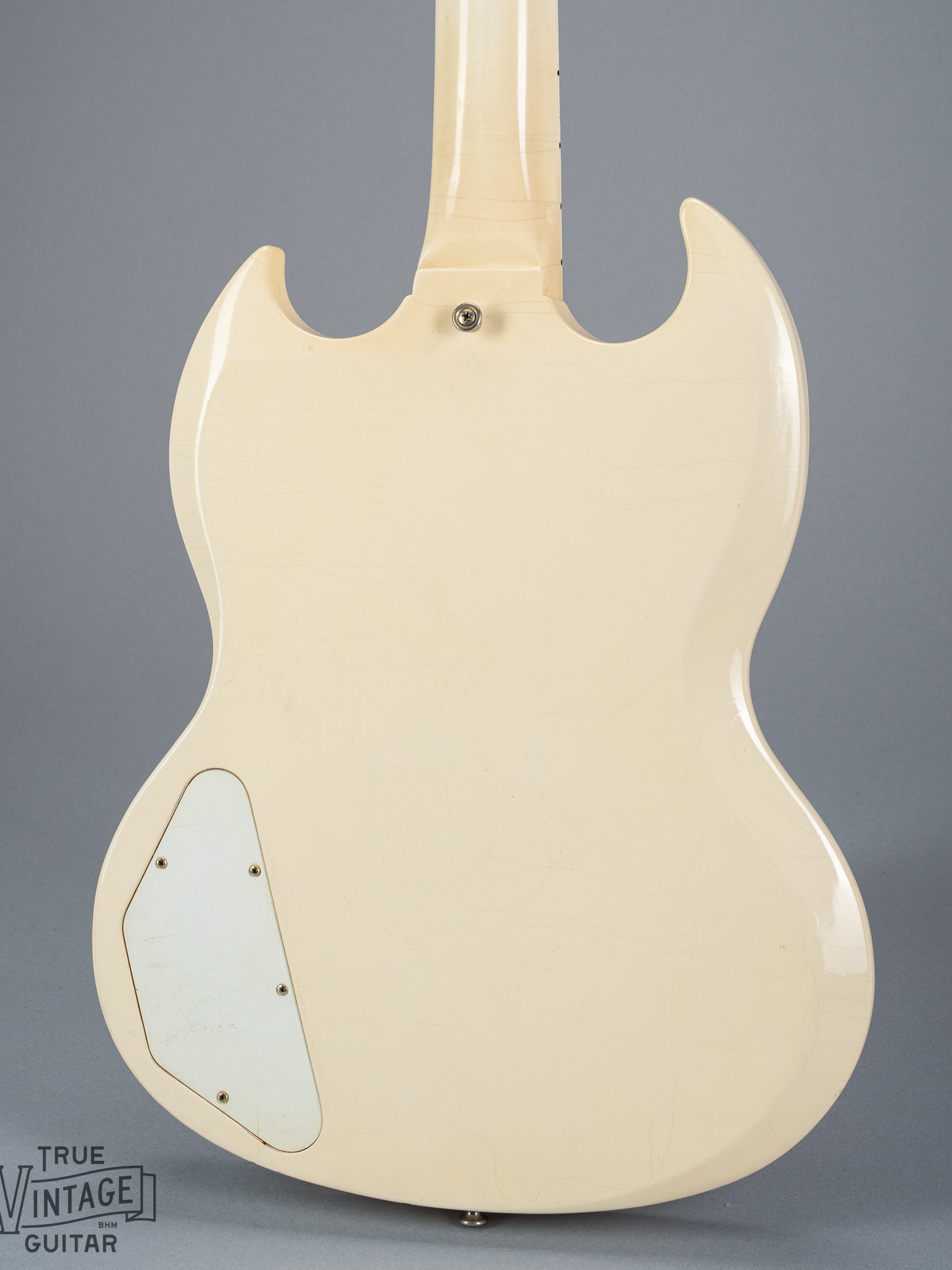 back of 1965 Gibson SG Custom white guitar three pickup with Bigsby B5 vibrato tailpiece control plate