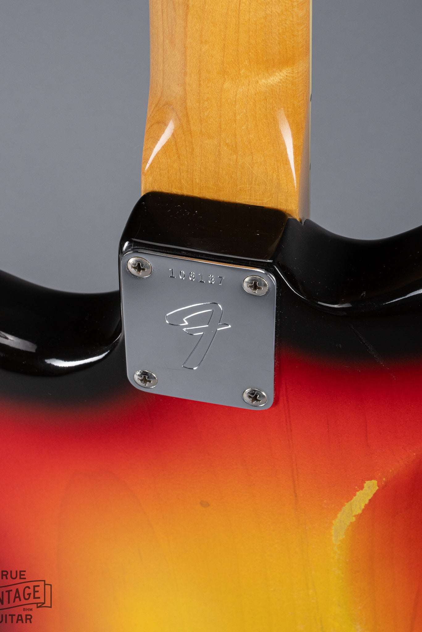 Back of 1965 Fender Jaguar Sunburst Neck Plate Serial Number F Logo Neck Plate Fretboard Binding Offset