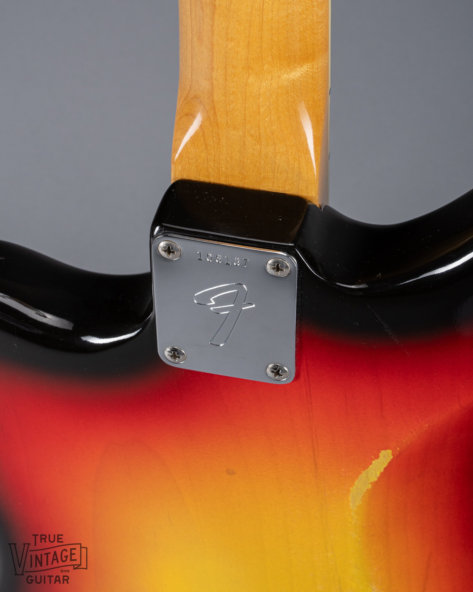 Back of 1965 Fender Jaguar Sunburst Neck Plate Serial Number F Logo Neck Plate Fretboard Binding Offset