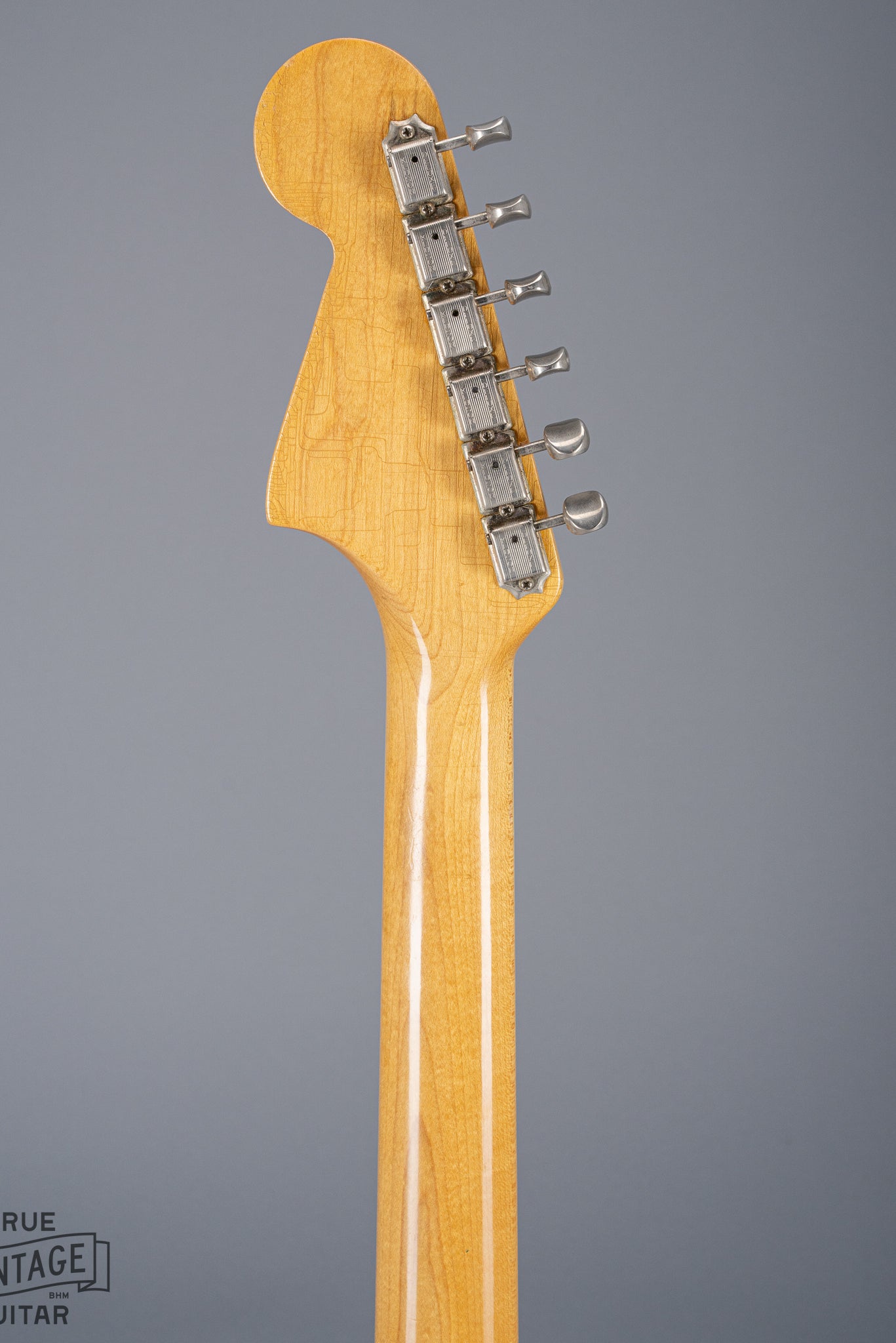 Back of 1965 Fender Jaguar Sunburst Headstock Neck Tuning Machines Finish Checking